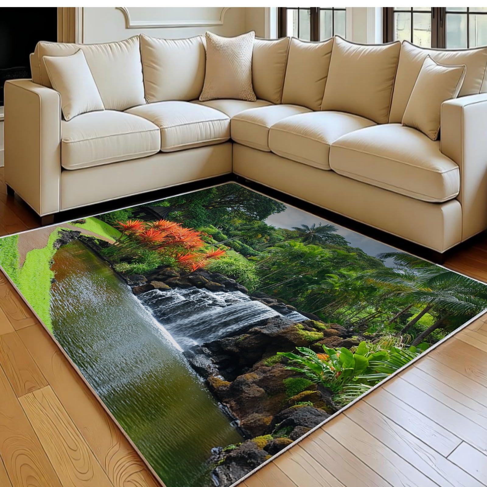 Grand tapis chambre paysage cascade forêt pour décor zen