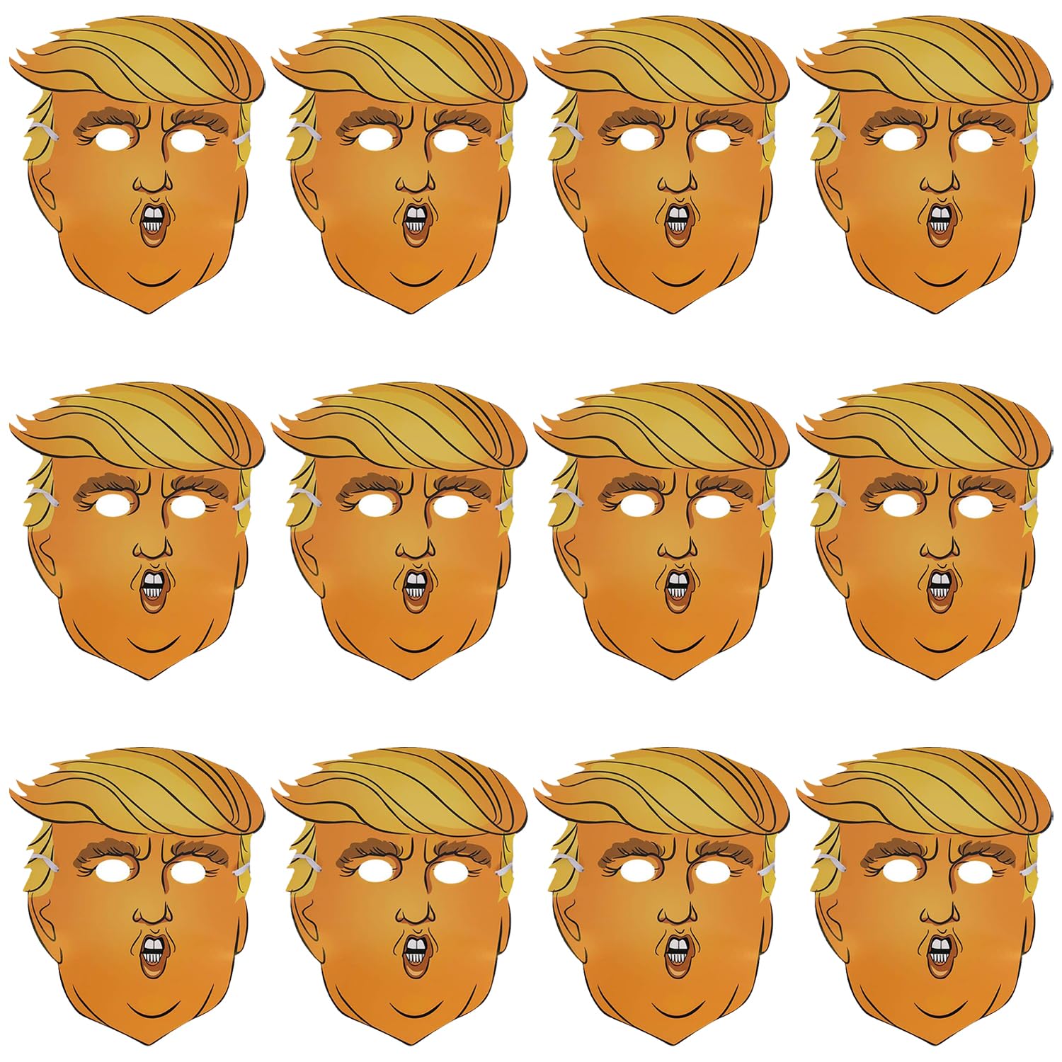 Donald Trump Mask - Pack of 12 - Cardboard Cut-Out Face Mask with Elastic String - Funny Novelty President Political Halloween Fancy Dress Costume Accessory