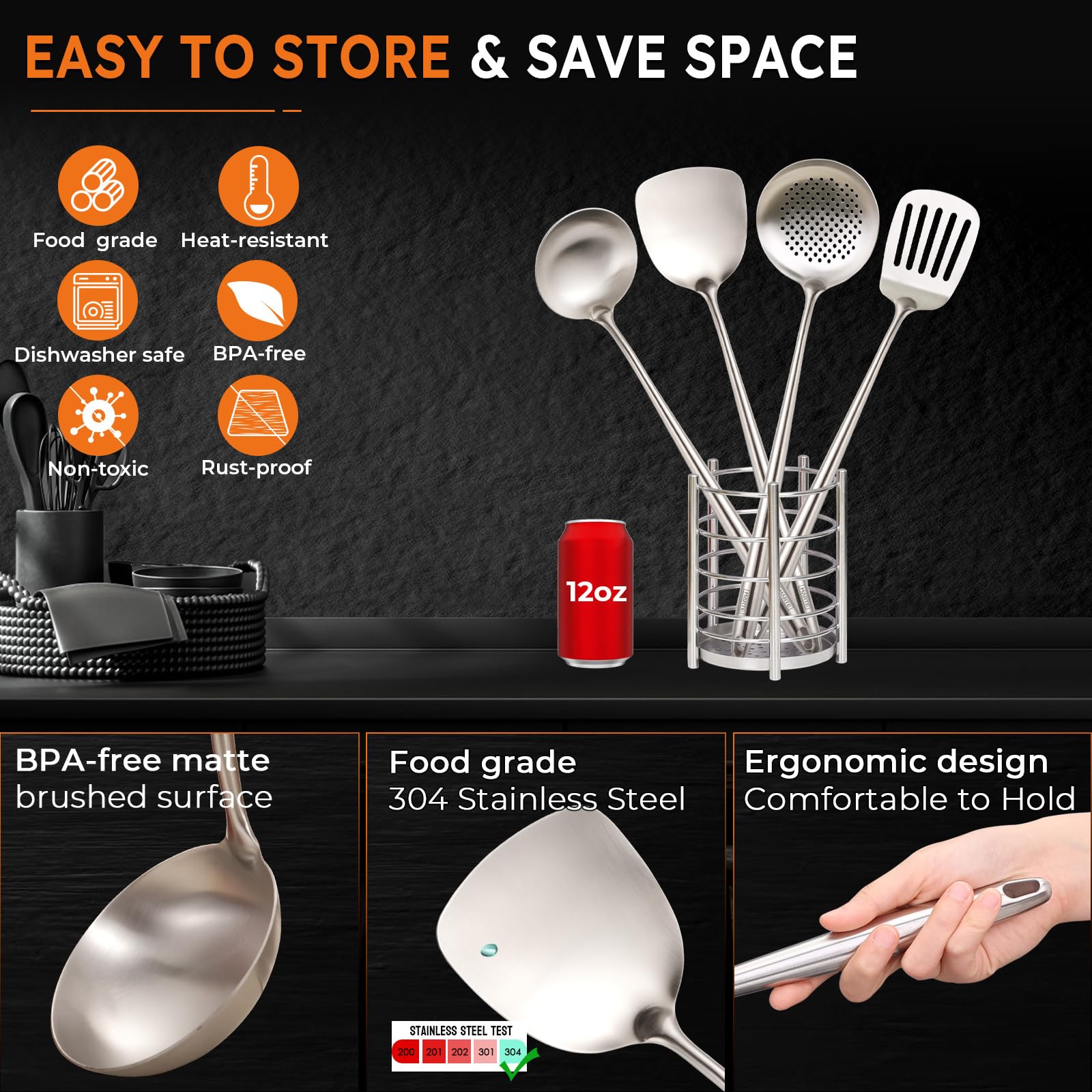 MARTE Juego de utensilios de cocina, 5 piezas de acero inoxidable 304 con soporte, espátula para wok resistente al calor y cucharón, juego de herramientas de skimmer, accesorios para wok y sartenes