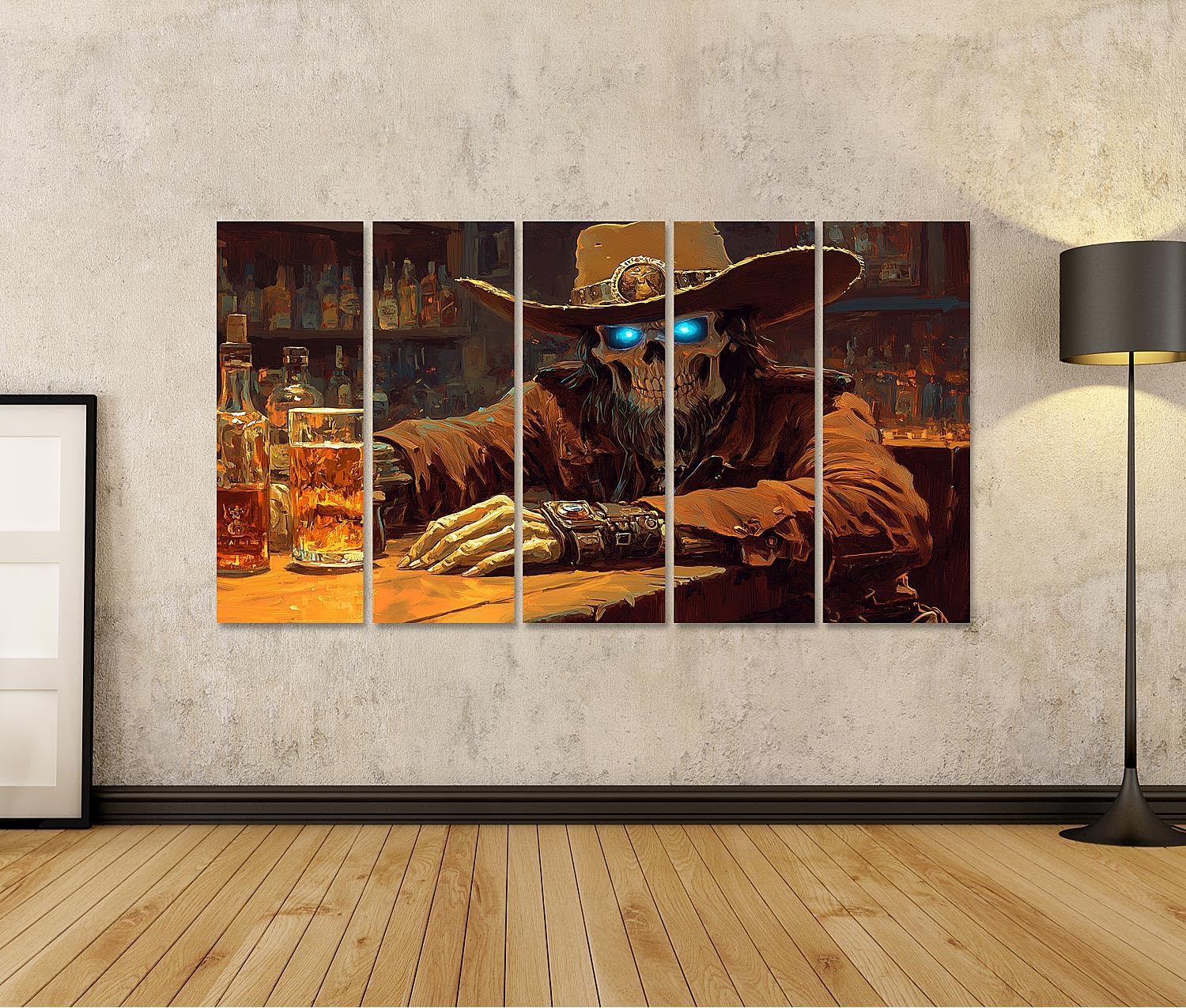 islandburner Bild auf Leinwand Skelett Cowboy genießt EIN Bier in Einer düsteren Bar Bilder Wandbilder Poster