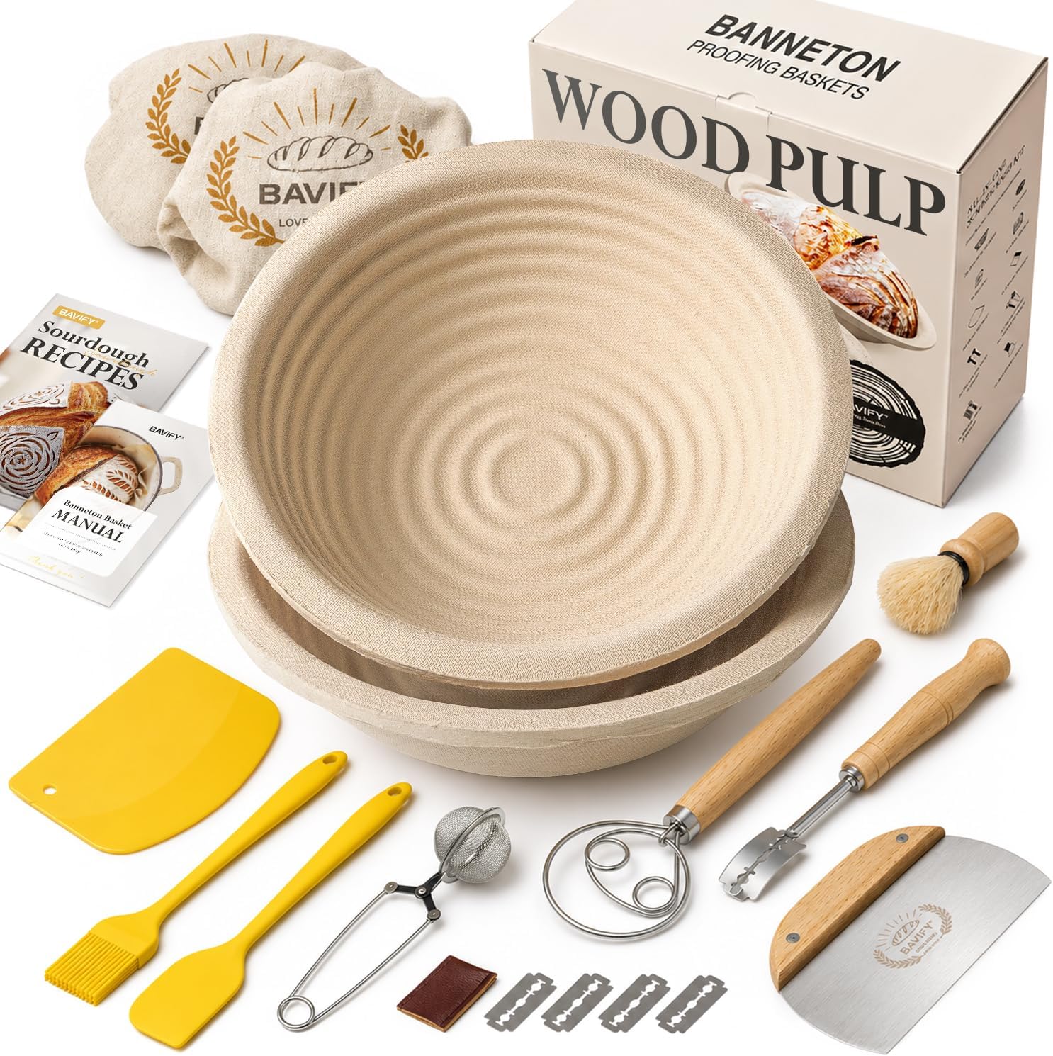 BAVIFY Sourdough Starter Kit with Banneton Bread Proofing Baskets, 2-Pack 9 in