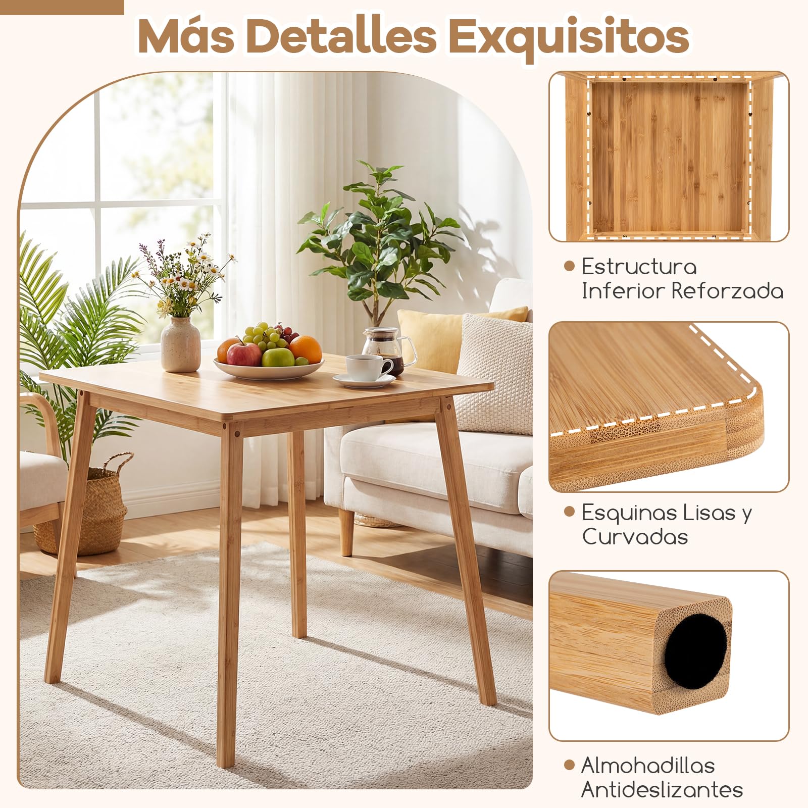 COSTWAY Mesa de Comedor Cuadrada de Bambú, Mesa de Cocina de Madera Maciza de 70 cm, Escritorio Moderno para Espacios Pequeños, Comedor, Sala de Estar y Estudio, para 2-4 Personas, Carga hasta 100 kg
