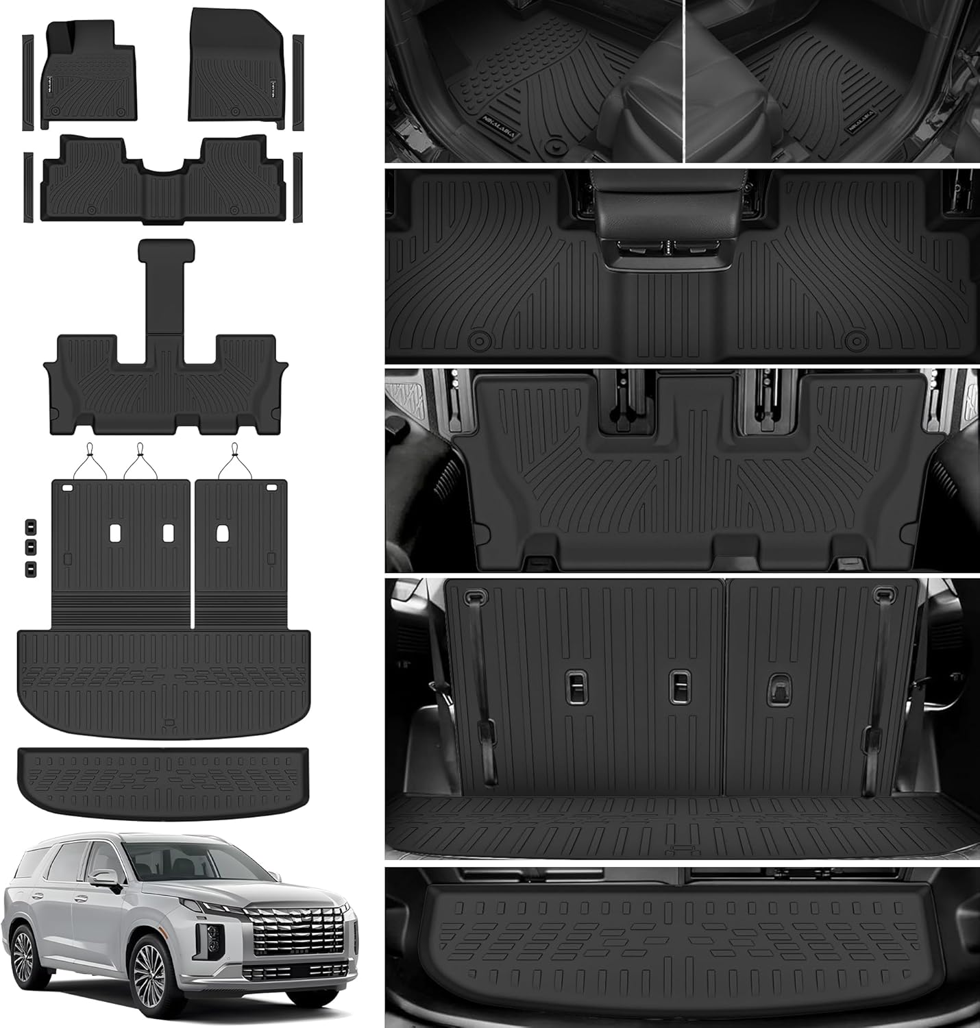 Floor Mats & Cargo Liner with Backrest Mat Fit for 2020-2025 Hyundai Palisade 7/8 Seat (Only Fuel), Trunk Mat with Seat Back Cover and Lower Cargo Mat All Weather TPE for 2024 Palisade Accessories