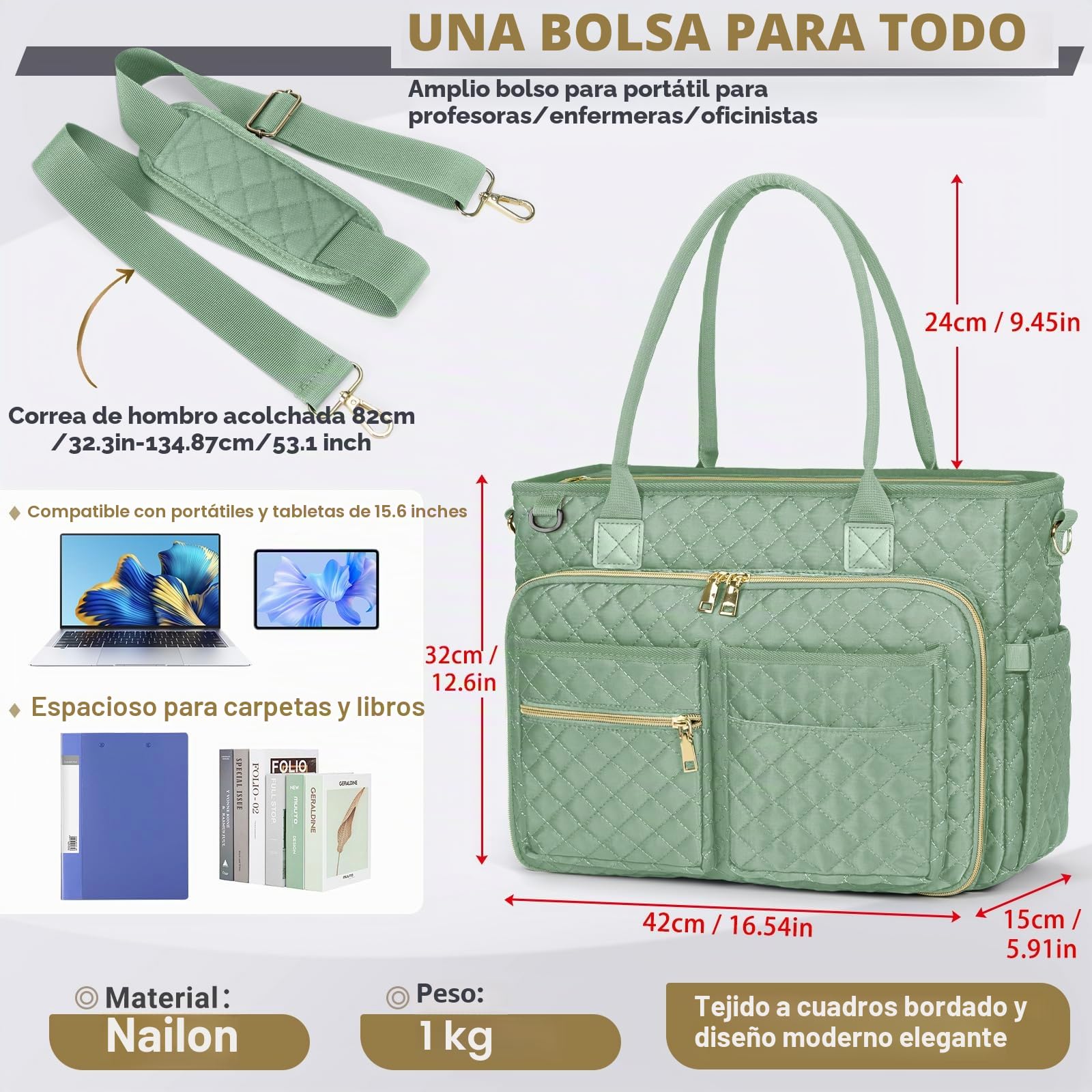 RAINSMORE Maletin Portátil Ordenador Mujer Bolso de Profesora Bolsa de Trabajo con Bolsillo Aislante para Universidad Enfermera Profesora Shopper Oficina