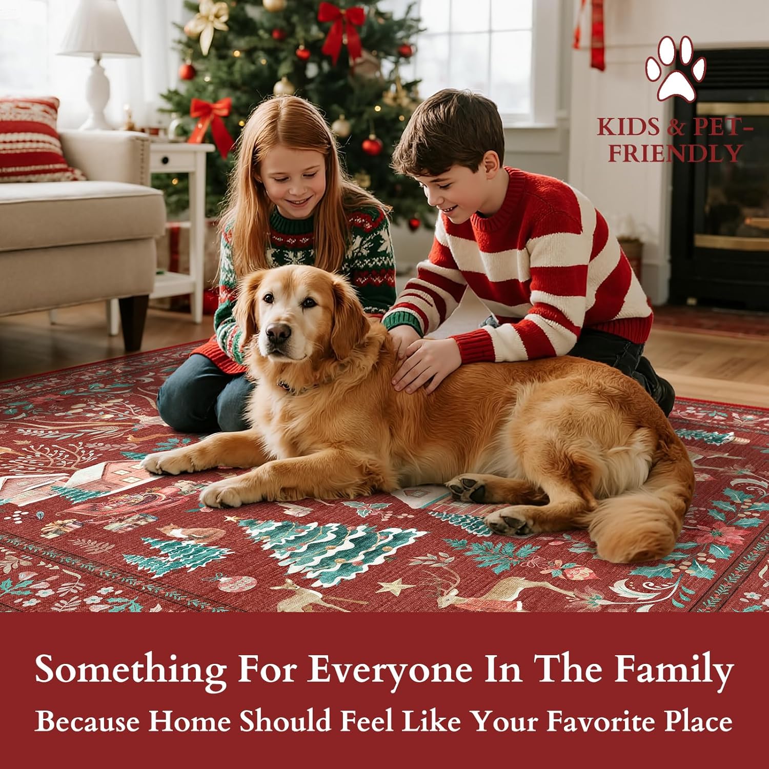 Christmas Rugs for Living Room 5x7, Washable Vintage Red Christmas Tree Rug, Non-Slip Soft Holiday Rug Indoor Carpet for Bedroom Dining Room Entryway Home Office
