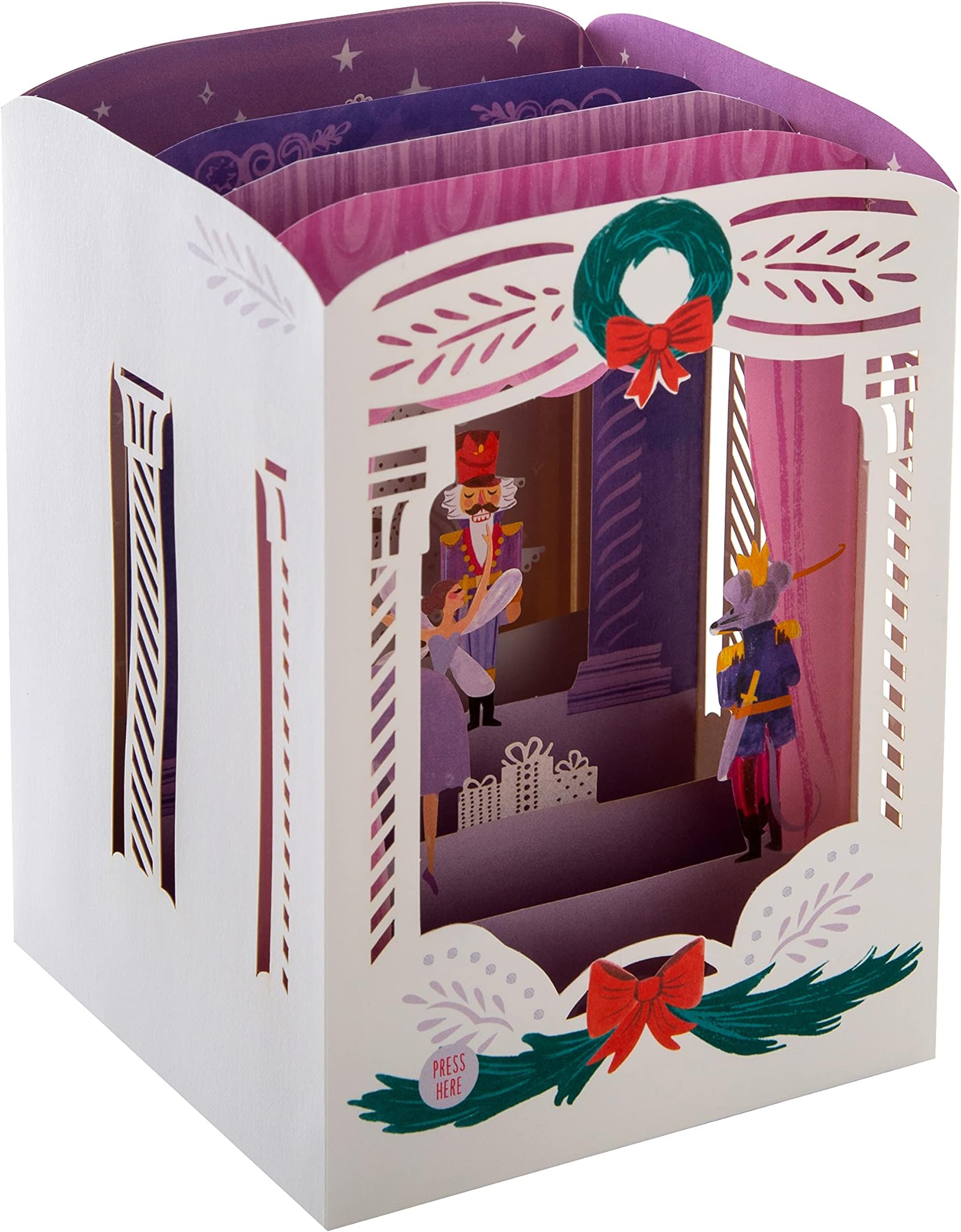 Christmas Card, The Nutcracker, Musical, Light-Up, Pop Up Christmas card, 3D Christmas Card, Paper Wonder, Pink, Purple