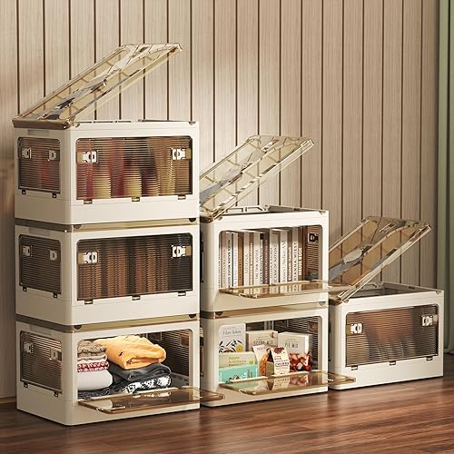 Contenedores de almacenamiento apilables con tapas, caja plegable de plástico plegable con ruedas de cinco maneras de abrir organizadores de armario