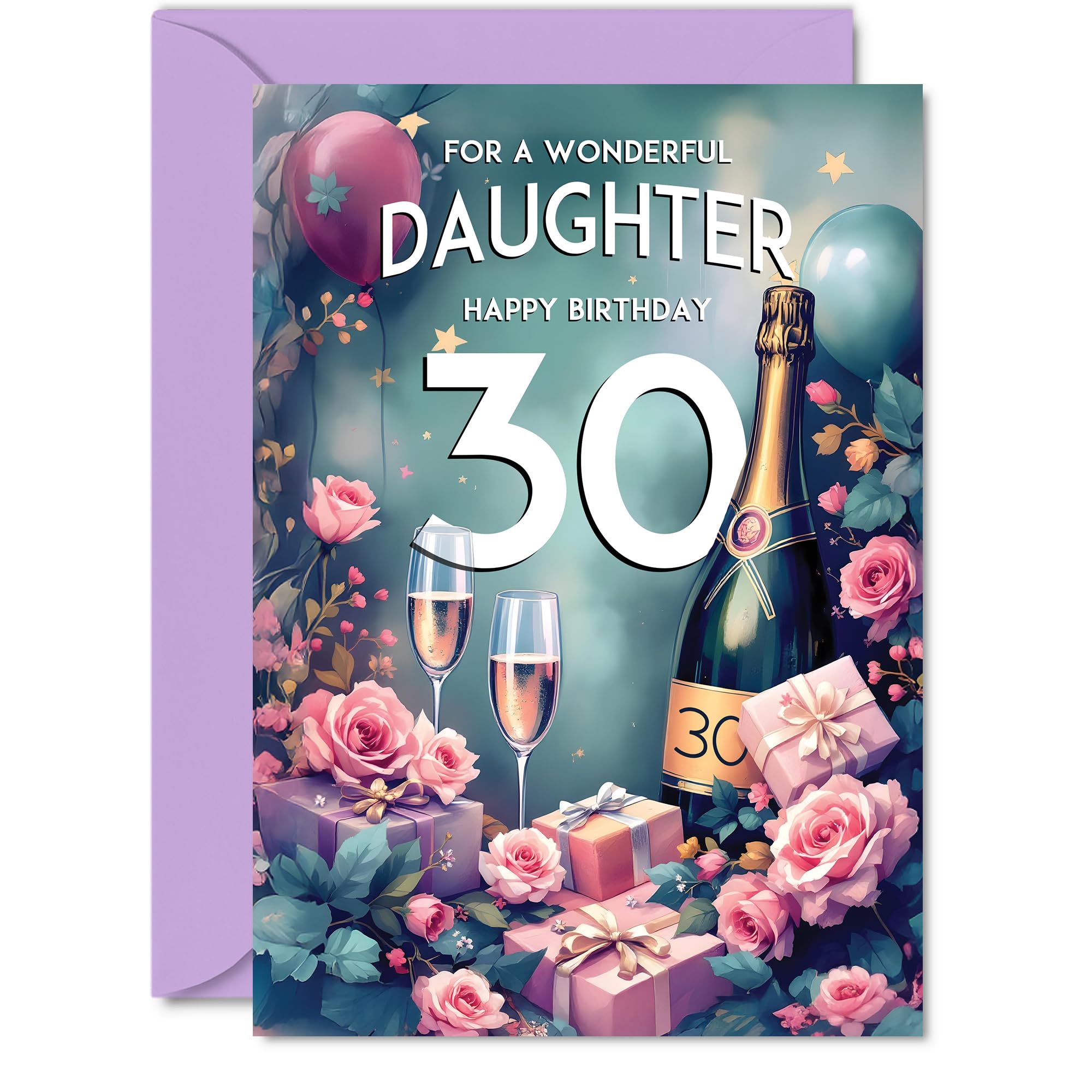 30th Birthday Card Daughter, Pink Presents Champagne Bottle