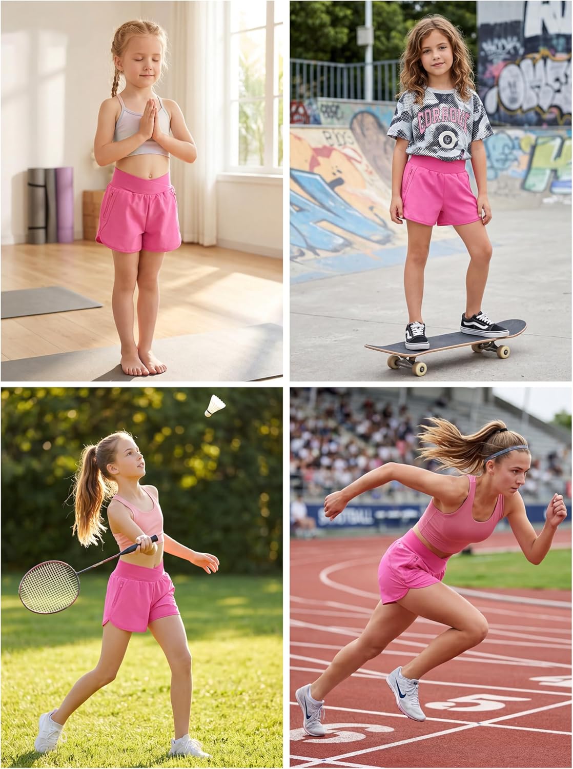 Resinta Girls Athletic Shorts Crossover High Waisted with Zipper Pockets Summer Running Sports Workout Shorts for Kids