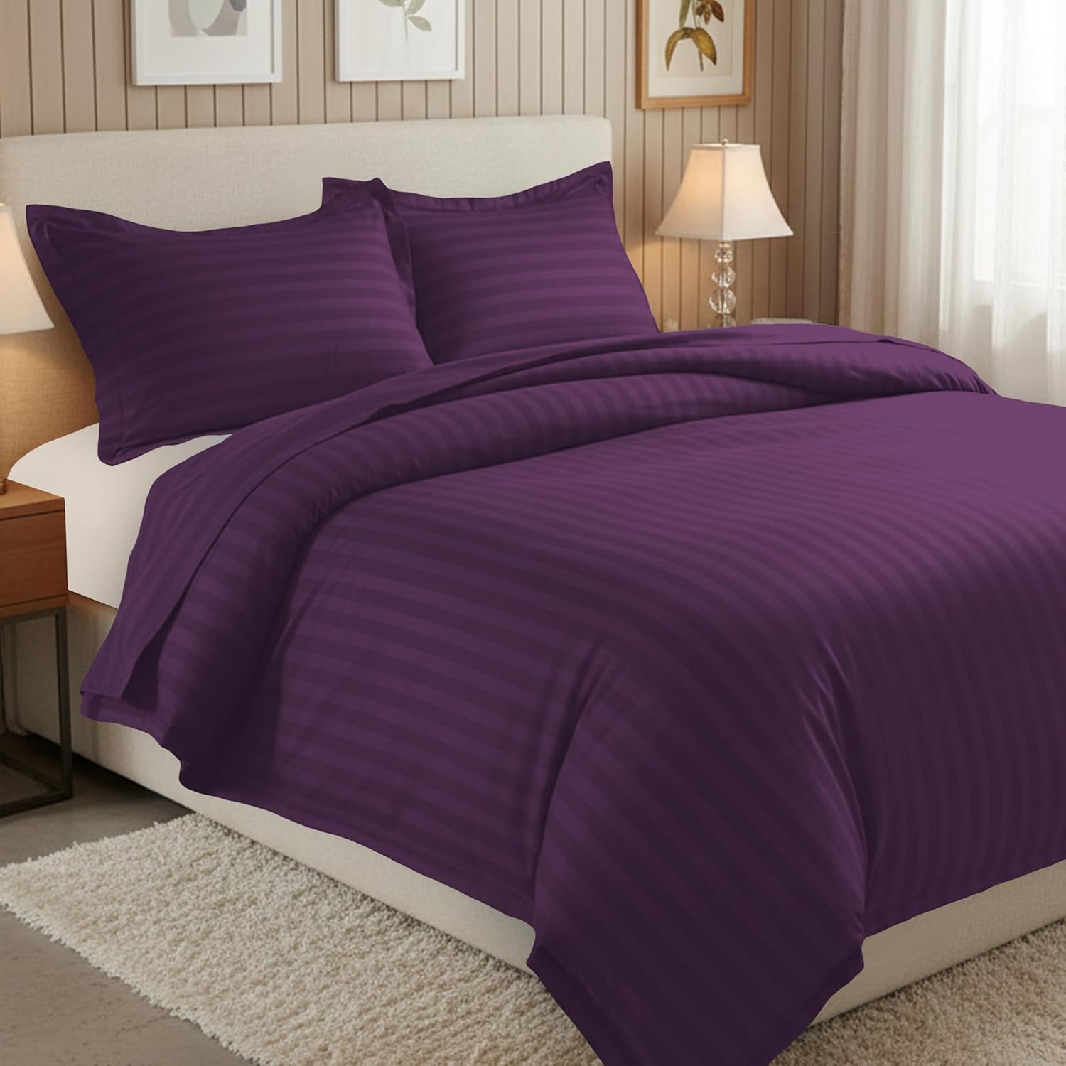 Elegant Comfort Luxury 3-Piece Striped Duvet Cover Set! - 1500 Premier Hotel Quality Silky-Soft Wrinkle Resistant Damask Stripe Duvet Cover Set, Full/Queen, Eggplant/Purple