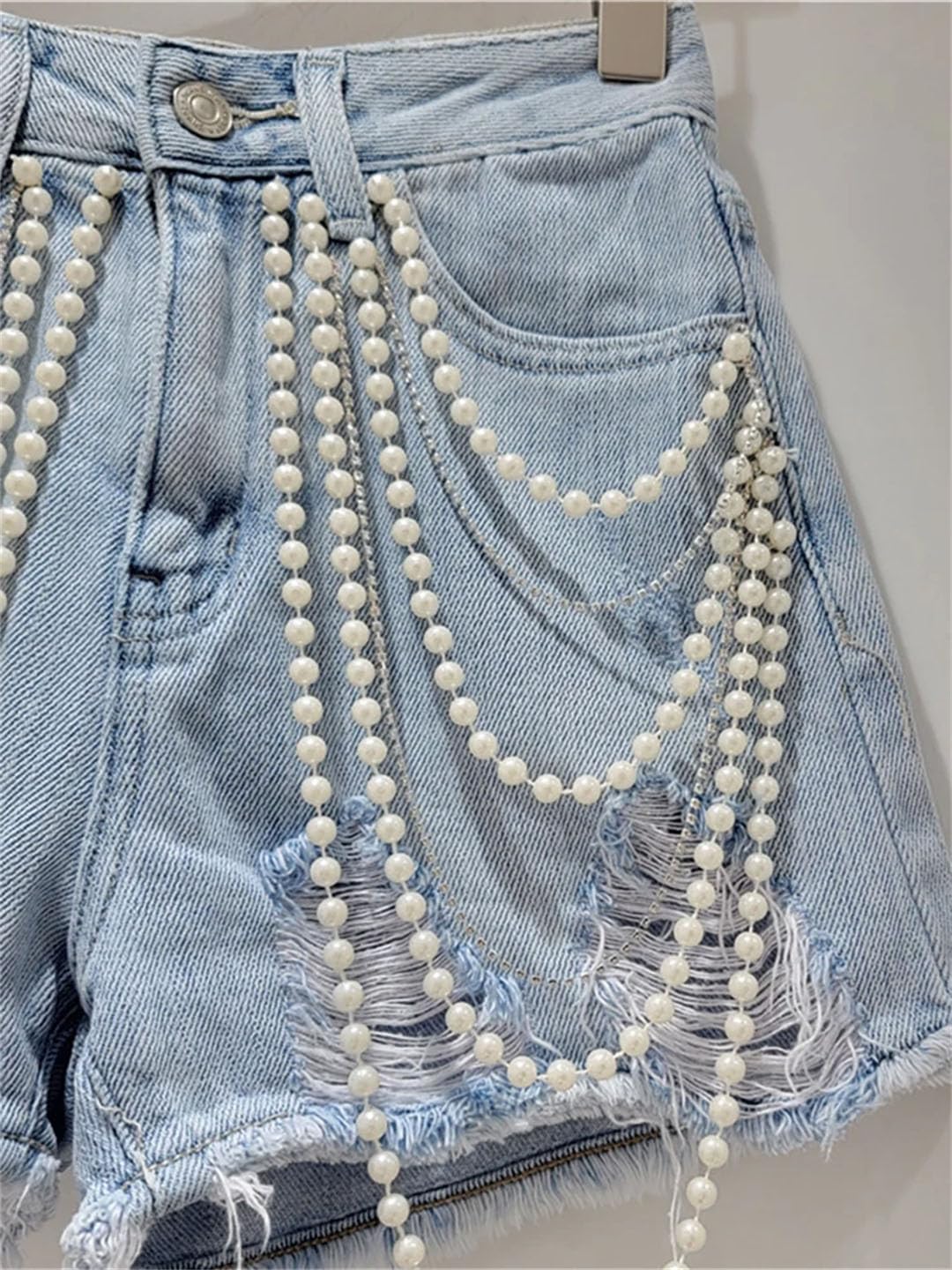 Women's Denim Shorts High Waist Broken Holes Pearls Beading Diamonds Short Pants