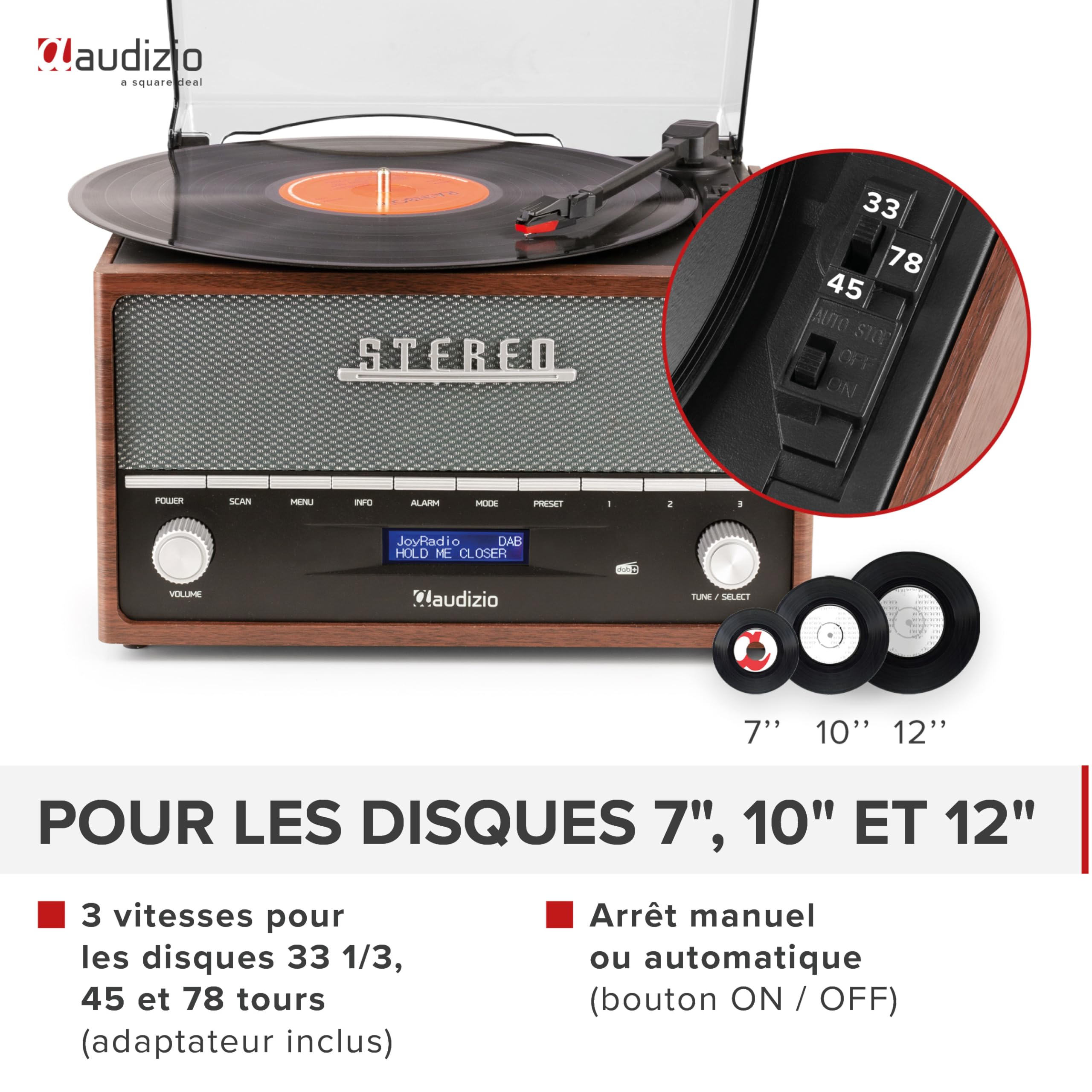 Audizio Frisco Platine Vinyle Bluetooth avec Radio Dab+ Intégrée - Marron, Radio Dab+ et FM avec Haut-Parleur Intégré, 33, 45, 78 Tours, Idéale pour écouter Vos vinyles préférés