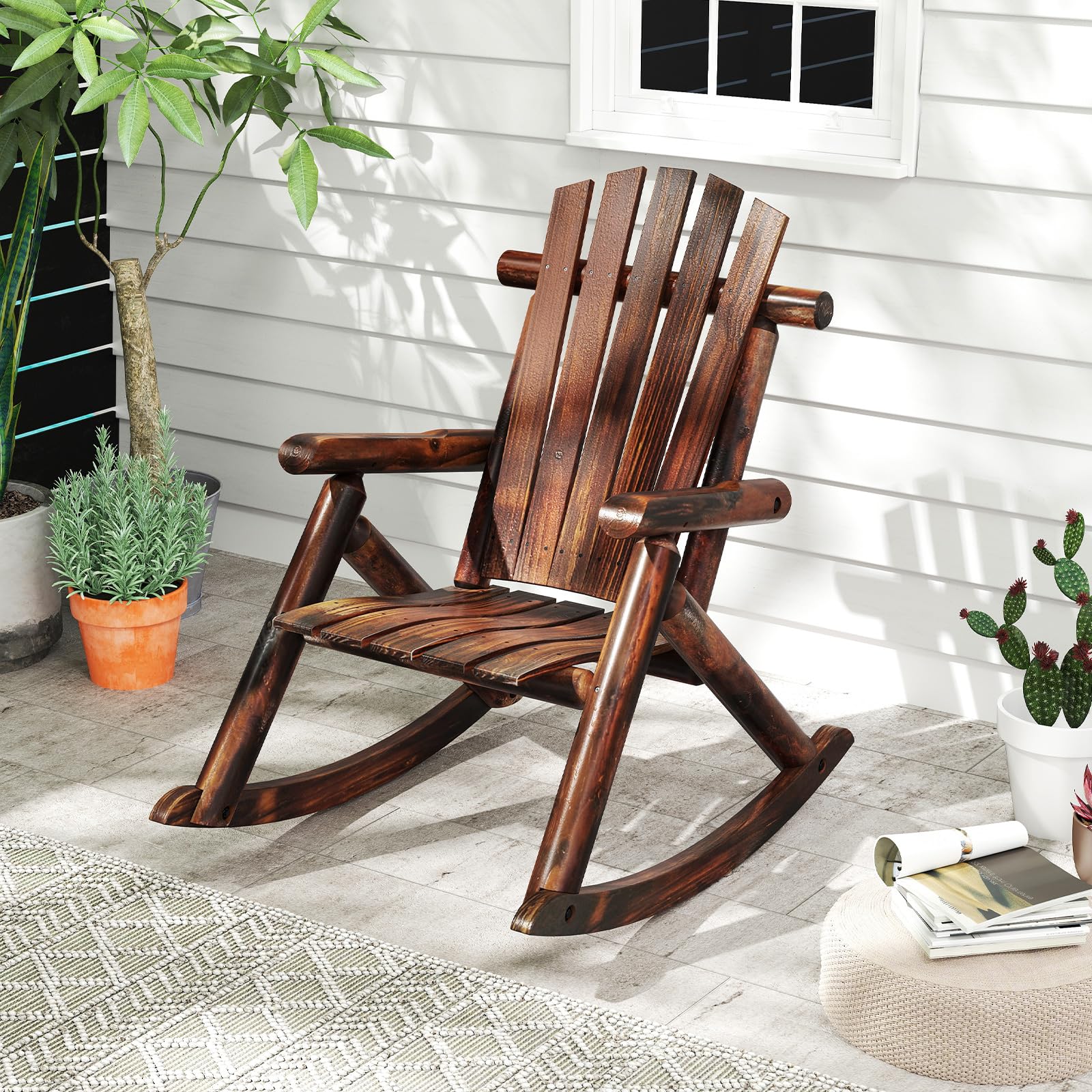 COSTWAY Silla Mecedora Adirondack para Adultos, Mecedora Madera Maciza con Respaldo Alto y Asiento de Listones, Sillon Jardin Balcón Terraza Exterior, 91 x 69 x 97 cm, Carga 150kg