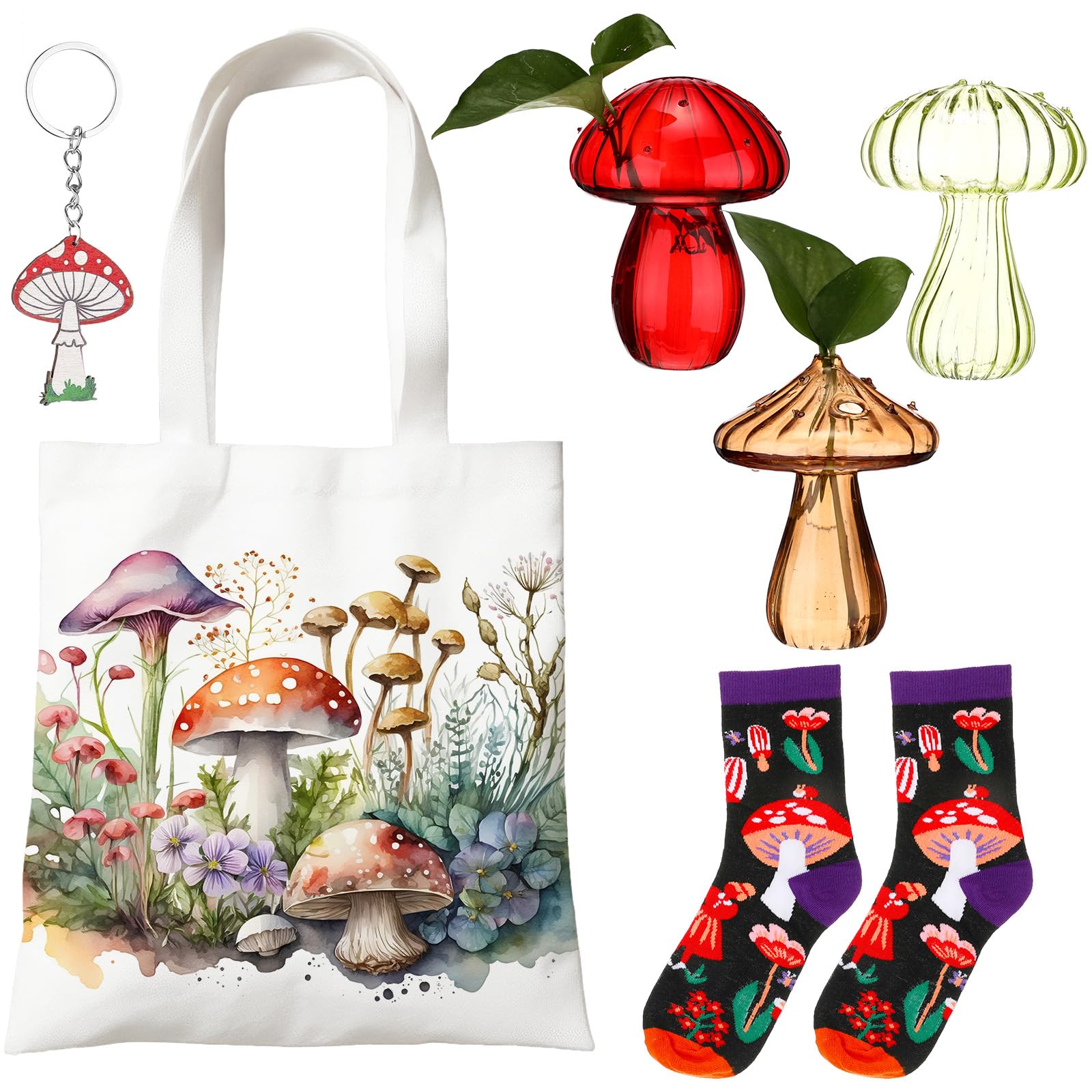 Baderke 6 Pcs Mushroom Themed Gift, Mushroom Plant Propagation Gifts for Women, for Plant Stuff Lovers Include Cute Mushroom Terrarium Mushroom Socks Canvas Tote Bag Mushroom Keychain
