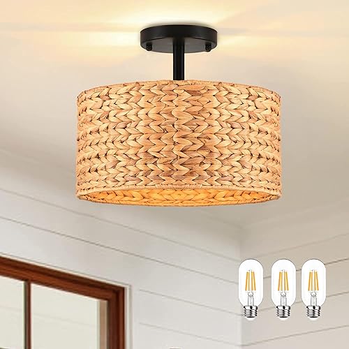 Lámpara de techo semiempotrada de ratán bohemio, lámpara de 3 luces, candelabro rústico con pantalla de mimbre tejido, ideal para cocina, comedor,