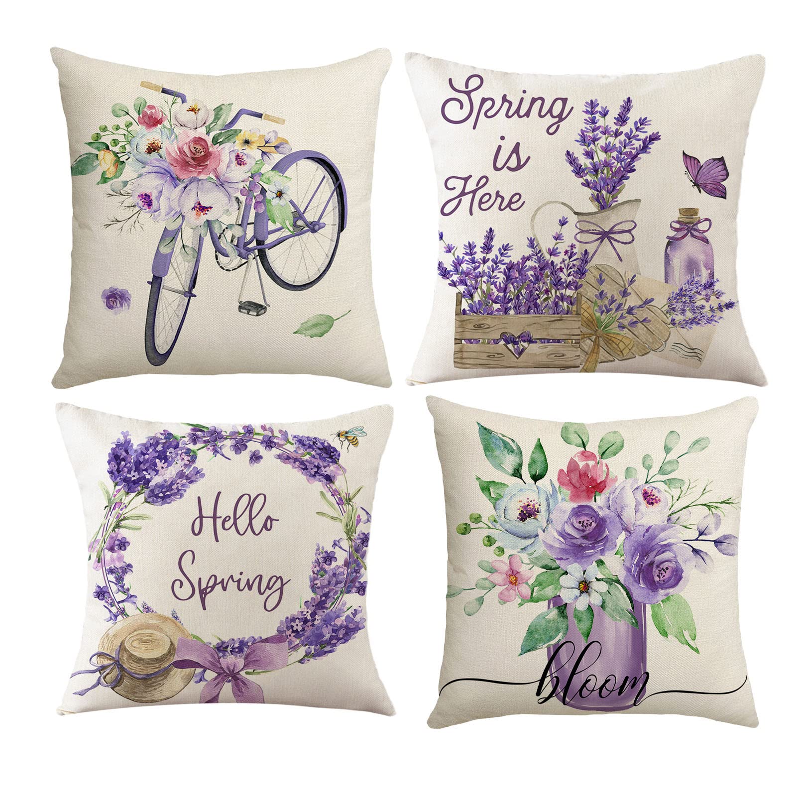 Rwoora Throw Pillow Covers 18x18 Inch Set Of 4 - Purple Floral Farmhouse Decor Pillow Cases