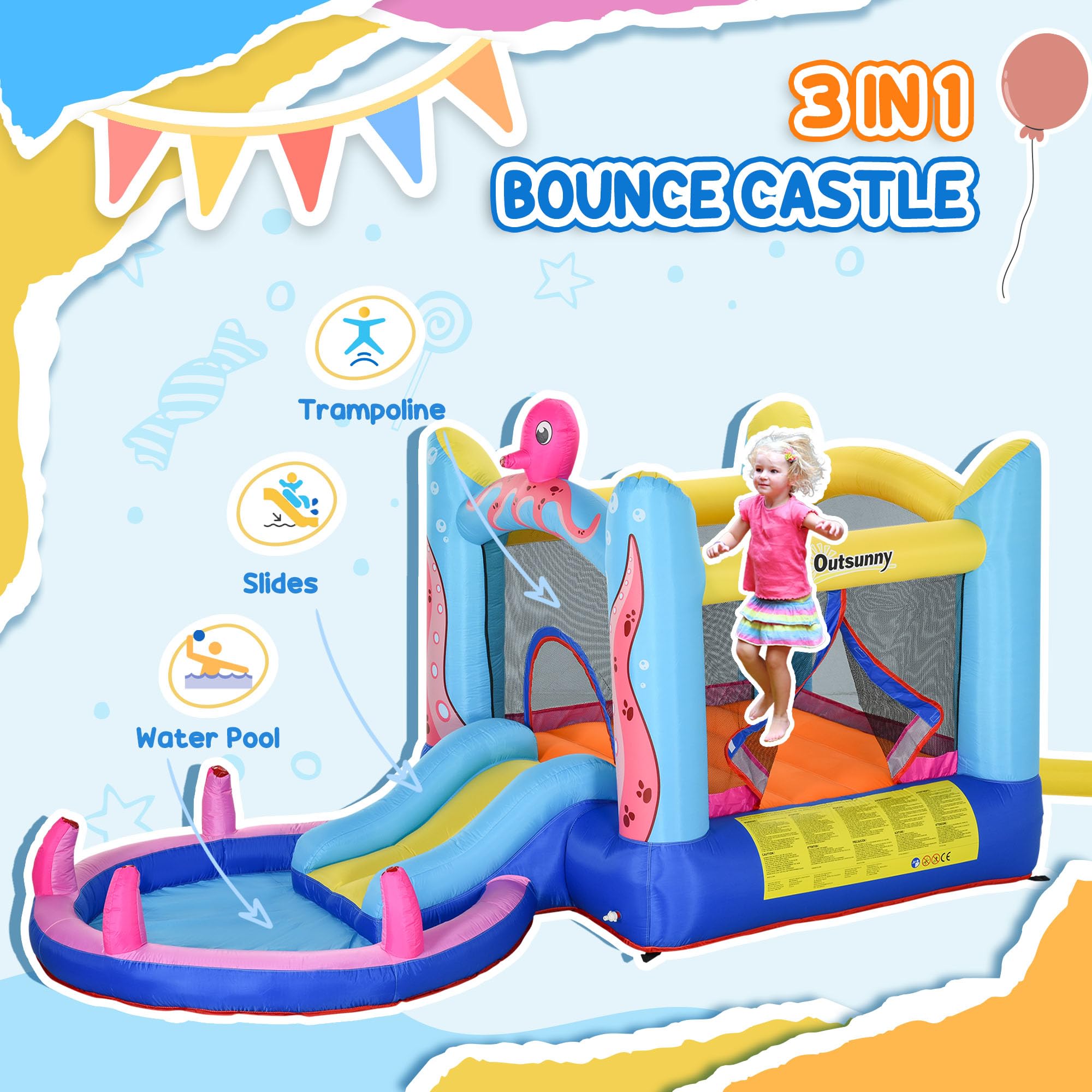 Outsunny 3en1 Castillo Hinchable tobogán niños 3-8 3,6x1,75x1,8m