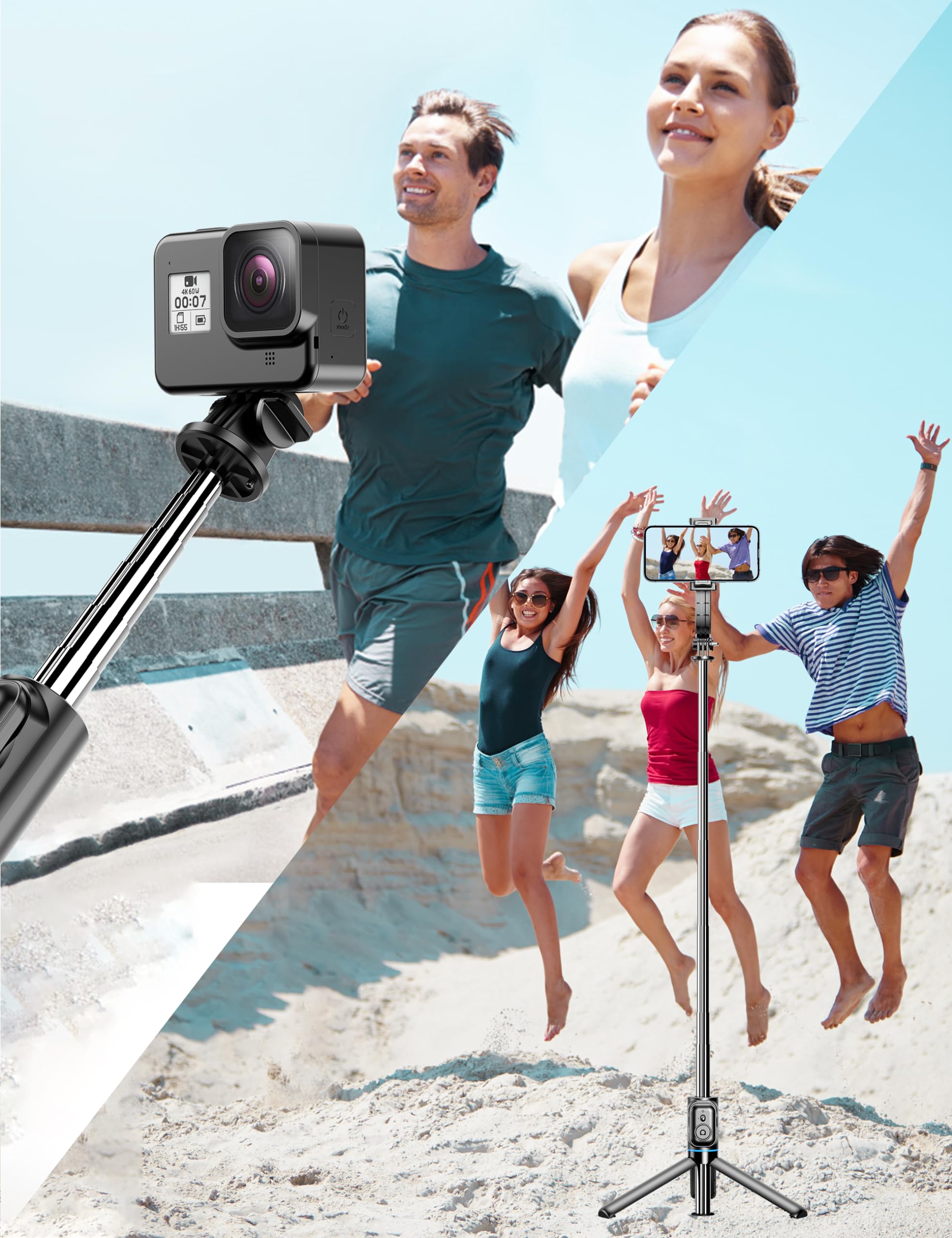 qirita Kij do selfie do iPhone'a, 100 cm, wysuwany statyw do selfie do smartfona z odłączanym uchwytem na telefon i bezprzewodowy statyw do telefonu kompatybilny z iPhone, Samsung, smartfonem, GoPro