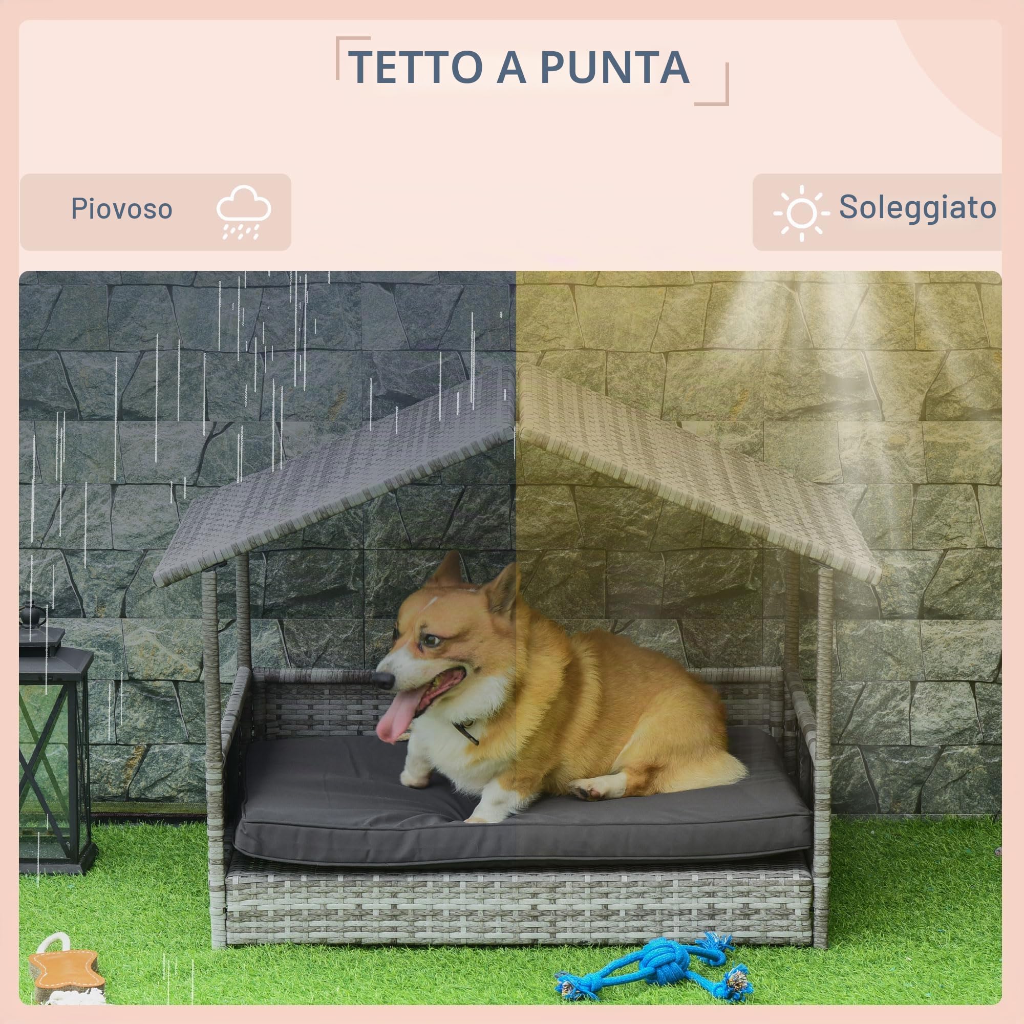PawHut Casa per cani in vimini esterno, vimini grigio degradato e cuscino | Letto per cani in rattan, tettoia, cuscino impermeabile, letto rialzato per razze piccole e medie fino a 30 kg, 50 cm