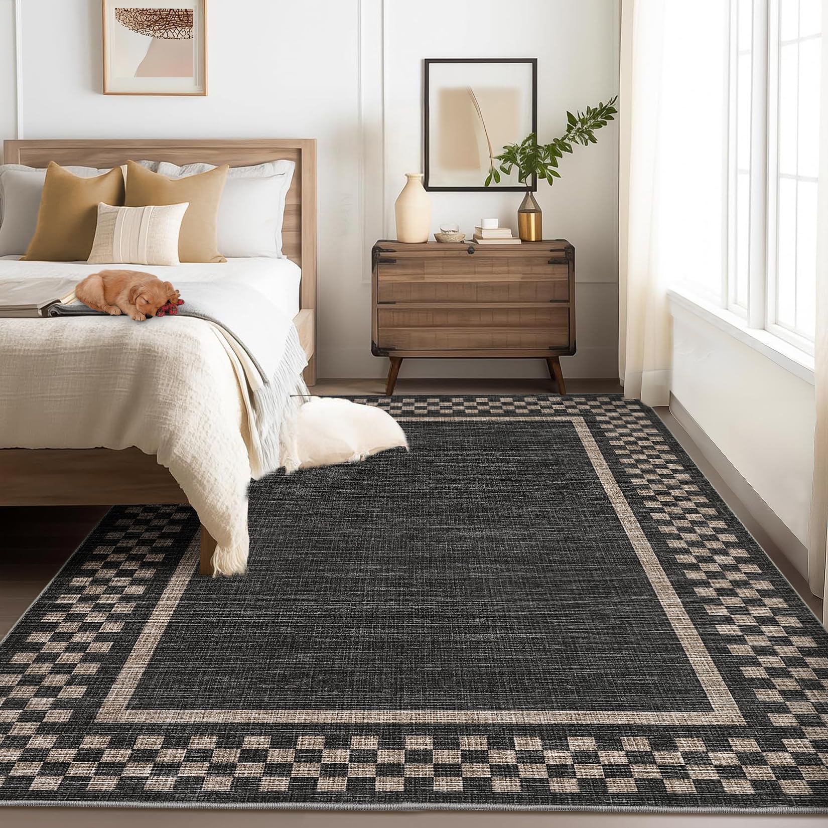 GarveeHome Machine Washable 5x7 Area Rugs Modern Bordered Living Room Rug Non Slip Checkered Geometric Bedroom Throw Carpet Soft Boho Rugs for Dining