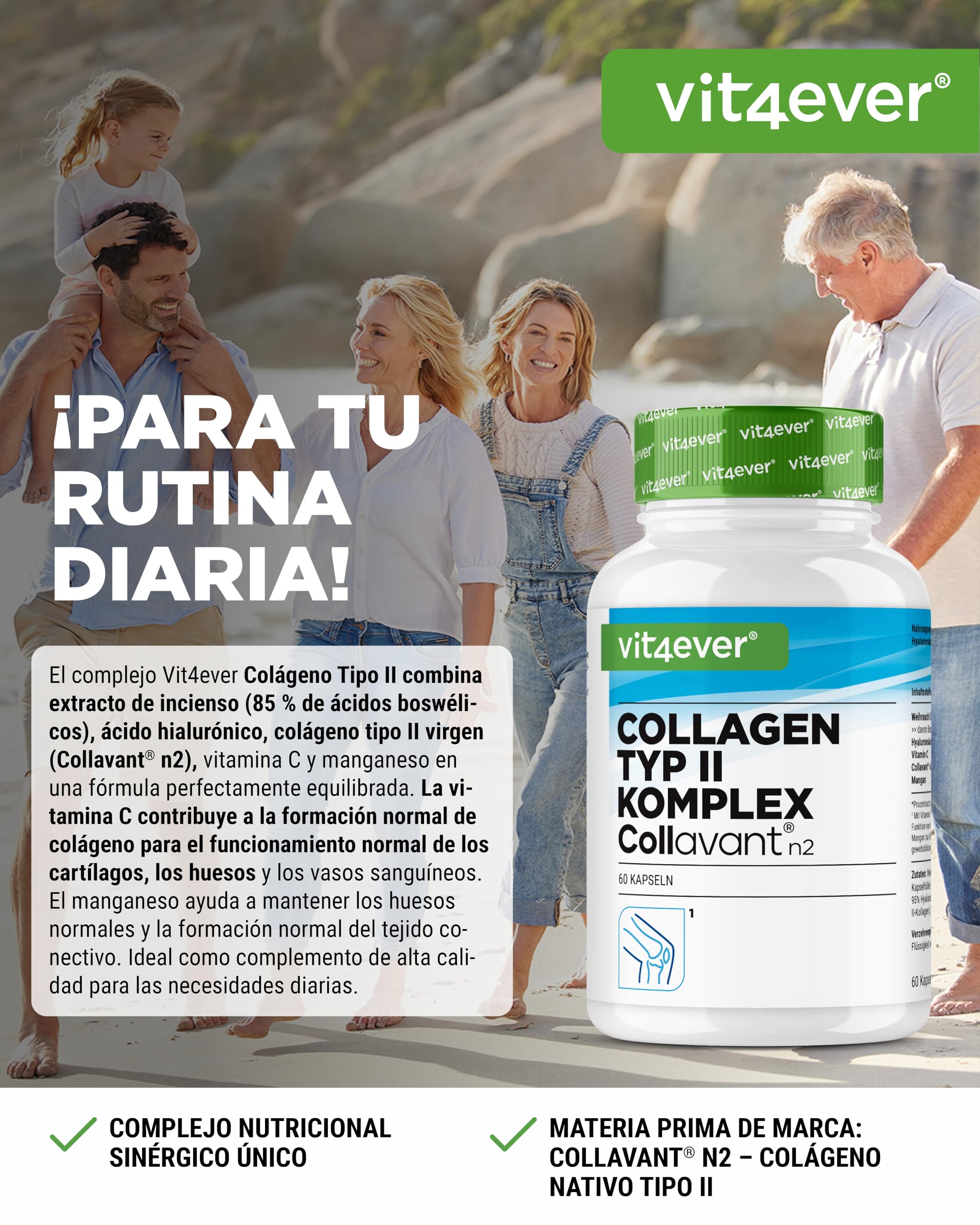 Complejo de colágeno tipo II – con colágeno nativo Collavant n2®, extracto de incienso, ácido hialurónico, vitamina C, manganeso para huesos, cartílago y articulaciones