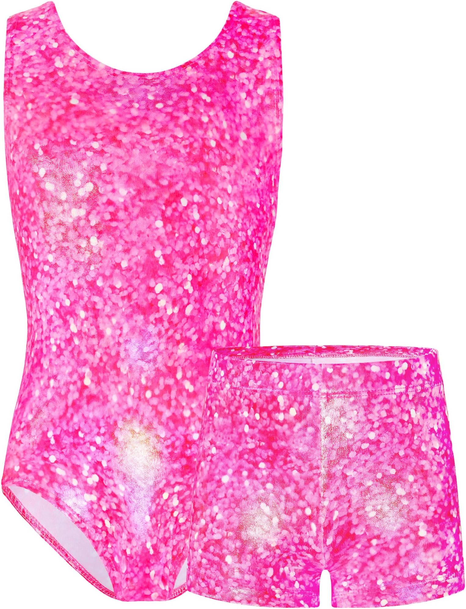 TENVDA Gymnastics Leotards for Girls 5-12 Years Old Sparkly Dance Tumbling Outfit Matching Shorts Set