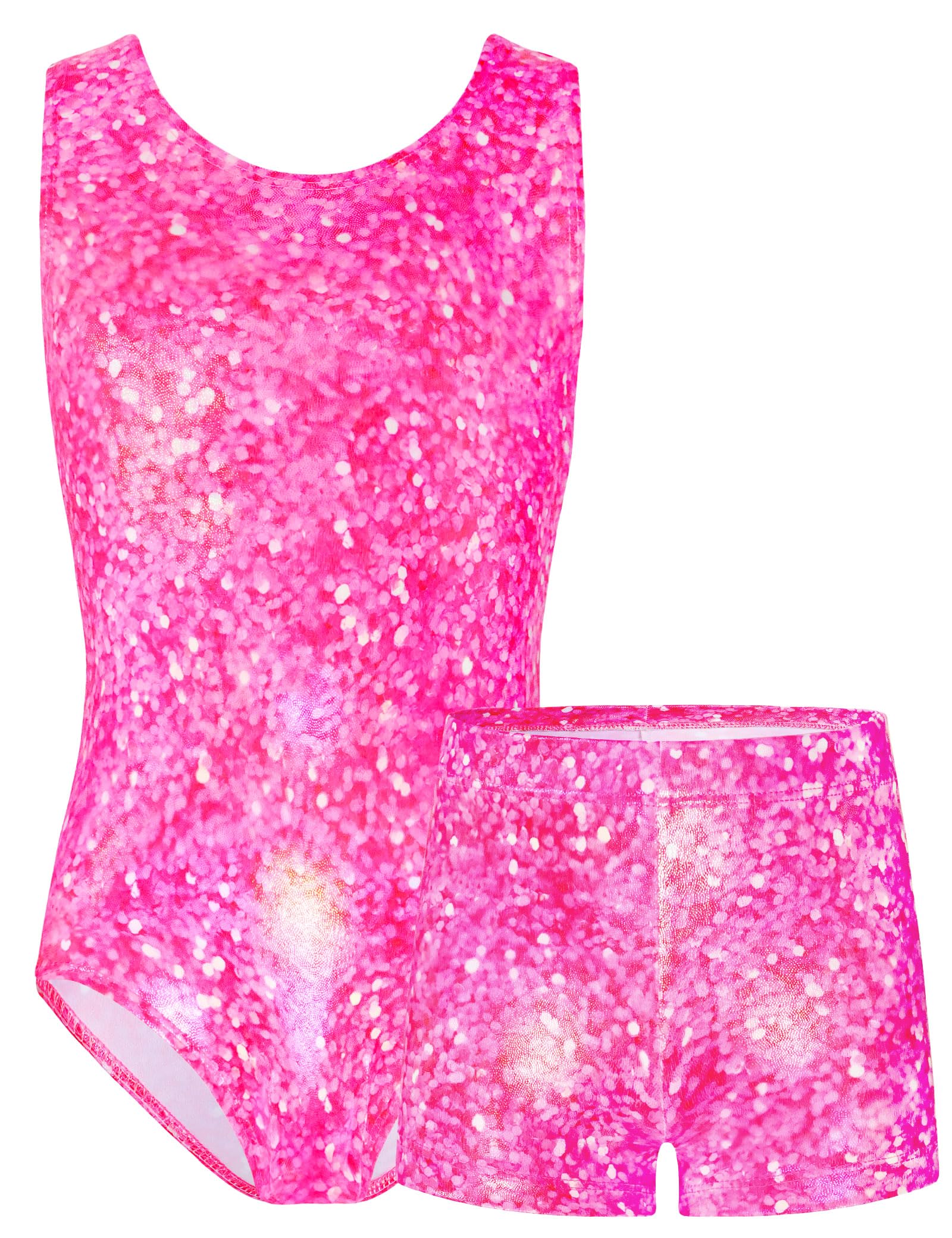 TENVDA Gymnastics Leotards for Girls 5-12 Years Old Sparkly Dance Tumbling Outfit Matching Shorts Set