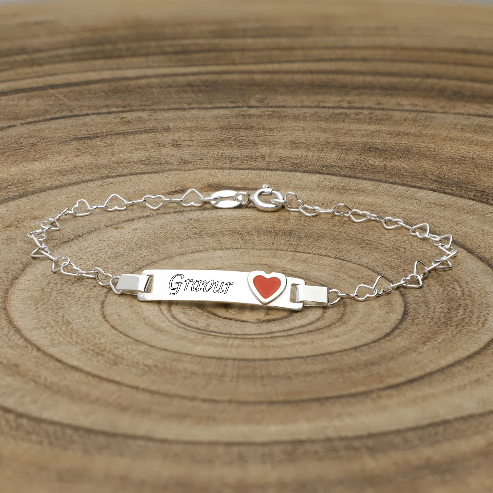 Armband Damen mit Gravur Identarmband Herz Rot 925 Silber personalisiert Wunschgravur auf Vorder und Rückseite