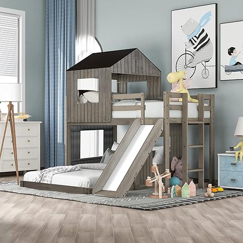 DERCASS Twin Over Full Bunk Bed, Wooden Bed Frame with Playhouse, Farmhouse, Ladder And Guardrails for Kids, Toddlers, Boys And Girls (Grey)