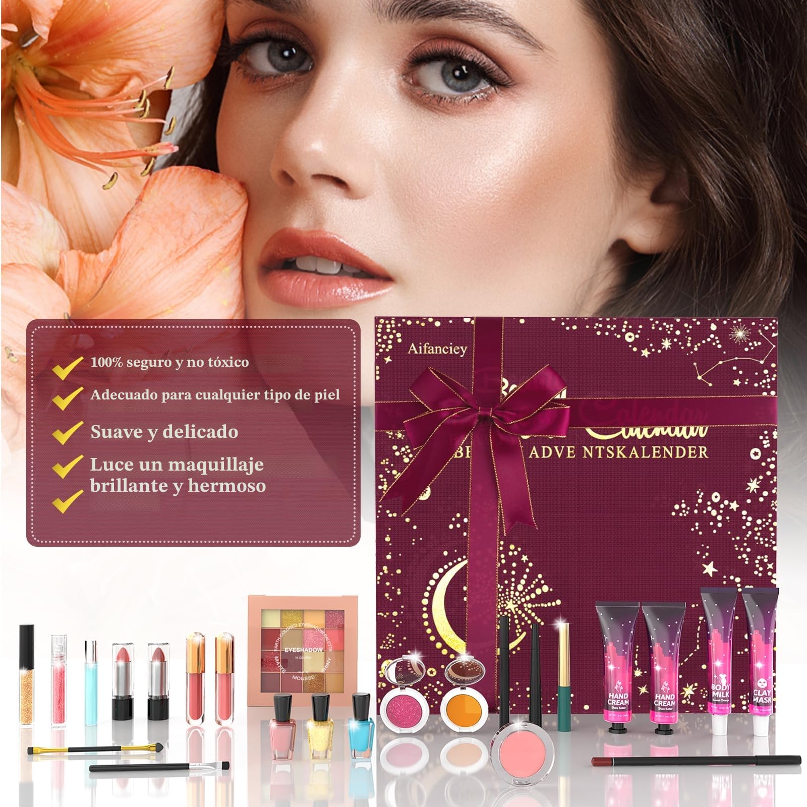 Calendario Adviento 2024, Makeup Set de Maquillaje Calendario de Adviento de Belleza con 24 de Cosméticos, Regalo ldeal para Navidad, de Nochebuena, Festival