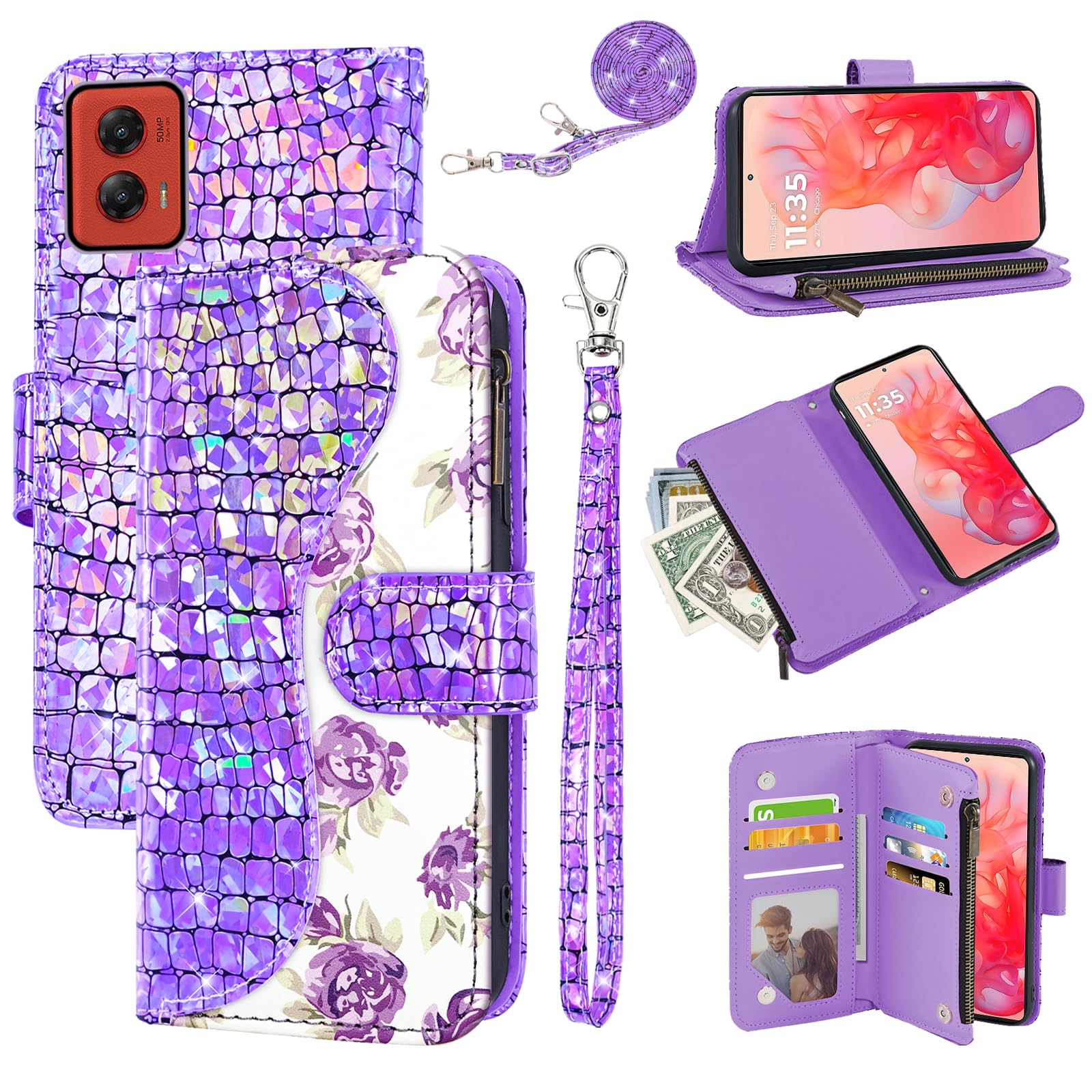 Dibosom Floral Wallet Case for Motorola Moto G Stylus 5G 2024 with Wrist Strap Shoulder Strap Flip Zipper Purse Card Holder,Luxury PU Leather Stand