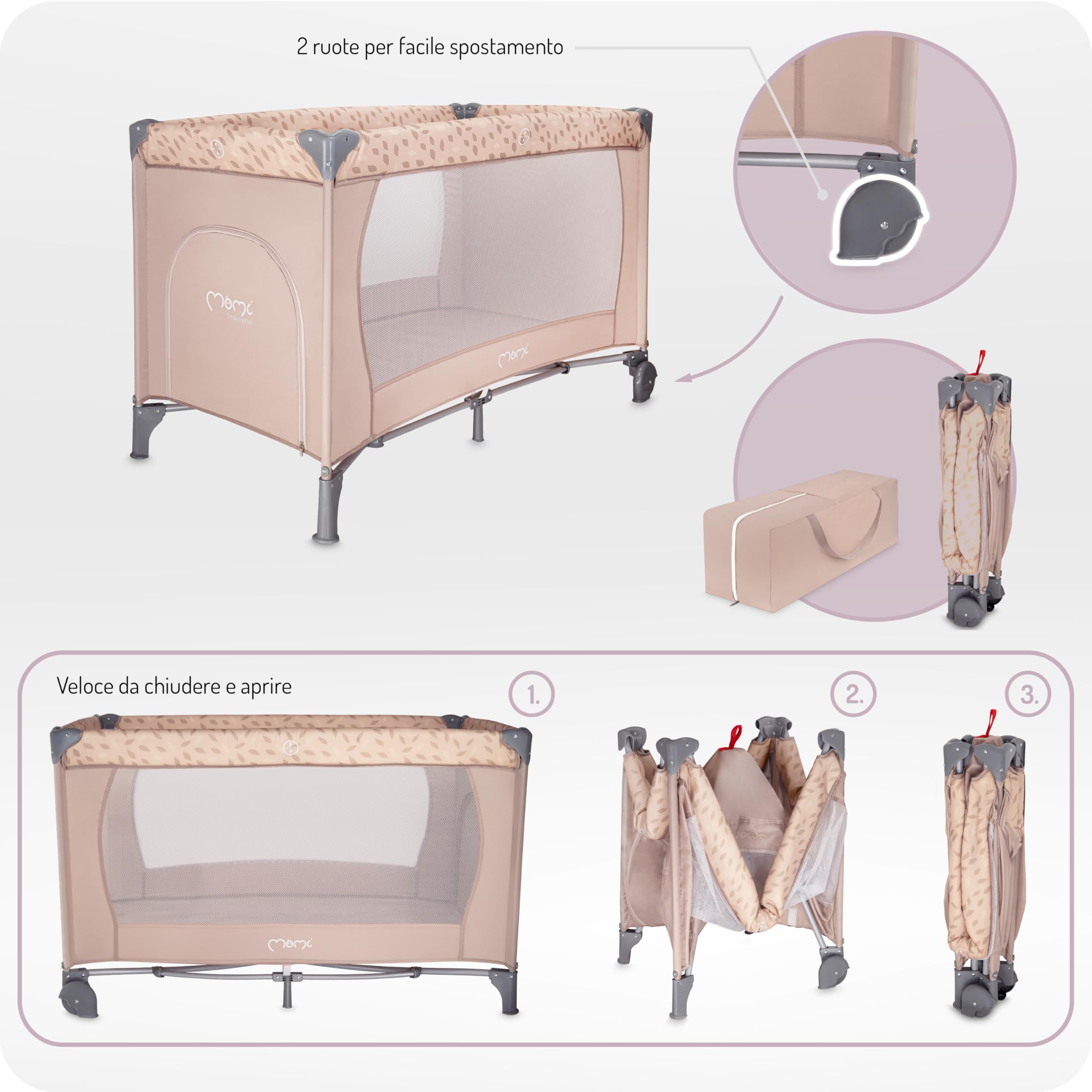 Momi BELOVE lettino da viaggio per bambini fino a 15 kg, 125x65x78 cm, pieghevole 21x23x80 cm, con materassino, 2 ruote e borsa per il trasporto