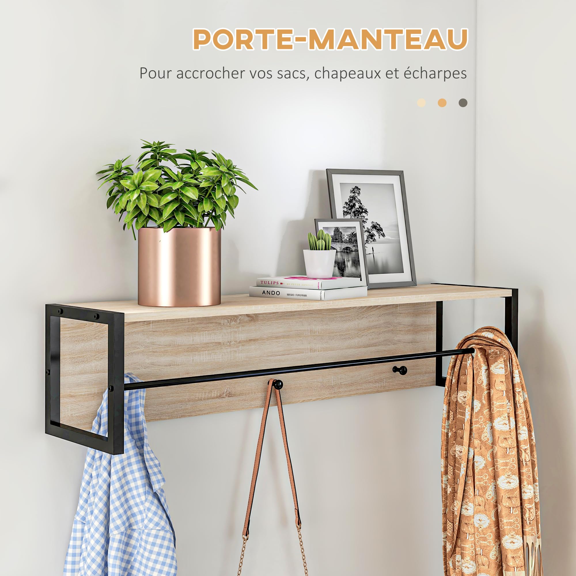 HOMCOM Ensemble Meuble d'Entrée 2-en-1 Banc à Chaussures Naturel et Noir | 3 Casiers, Porte-Manteau Mural, 3 Crochets et Barre, Coussin Rembourrée