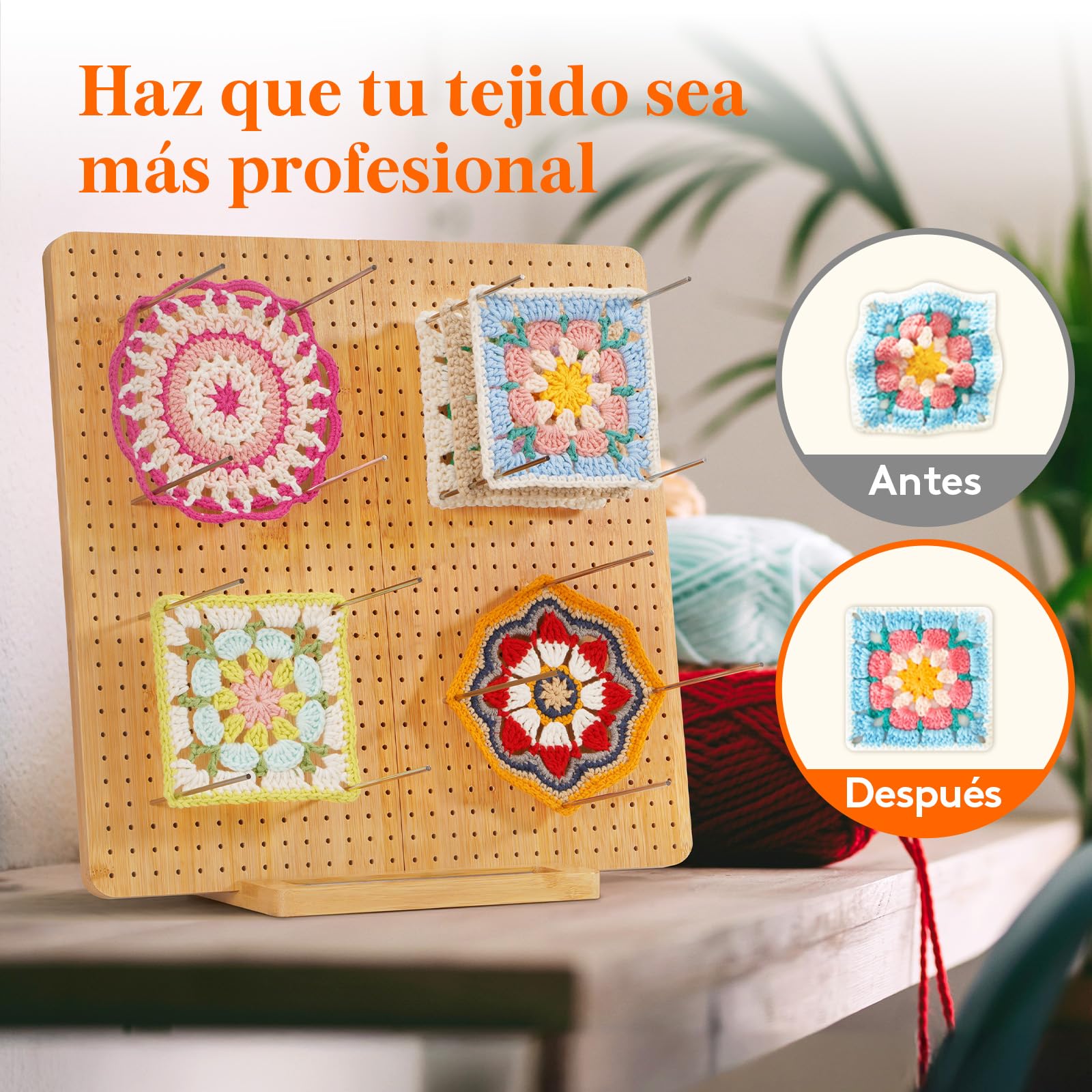 Lifewit 36,6 cm Bloqueador de Granny Square con 36 Pines, Tabla Bloqueo de Bambú para Crochet Blocking, Almohadilla de Bloqueo para Tejer, Accesorios Kit Regalos para Máquina Ganchillo Ganchillo