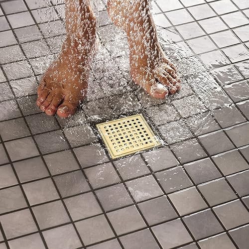 Miniatura 8 de RANDOM Drenaje de Ducha Dorado Cepillado Cuadrado de 6 Pulgadas con Rejilla de Parrilla y Colador de Pelo Removible, Desagüe de Ducha de Acero