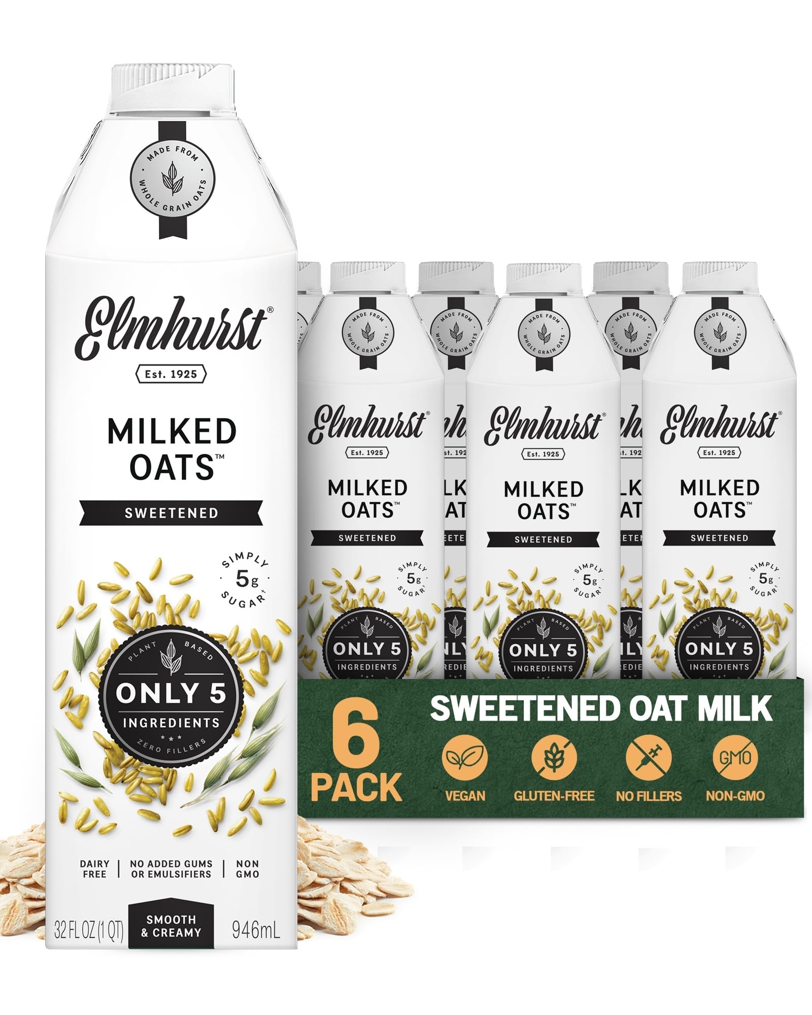 Elmhurst 1925 Sweetened Oat Milk - 32 Ounce (Pack of 6) Dairy-Free, Vegan, Kosher, Gluten-Free, Shelf Stable Plant Based Milk Made with Whole Grain Oats for Healthier Coffee, Latte & Smoothies