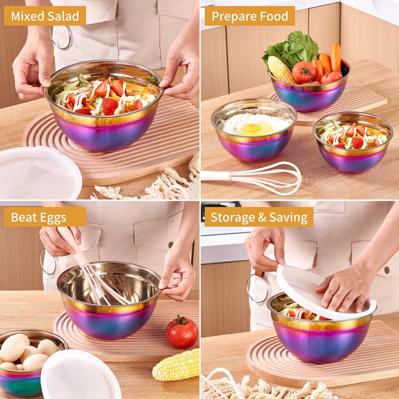 Regenbogen-Rührschüsseln mit luftdichten Deckeln, Edelstahlschüssel, Salatschüsseln, 7-teilig, bunte Schüsseln, Regenbogen-Küchenzubehör, Größe 7, 3,6, 2,7, 2,1, 1,5, 1,1, 0,8 l,