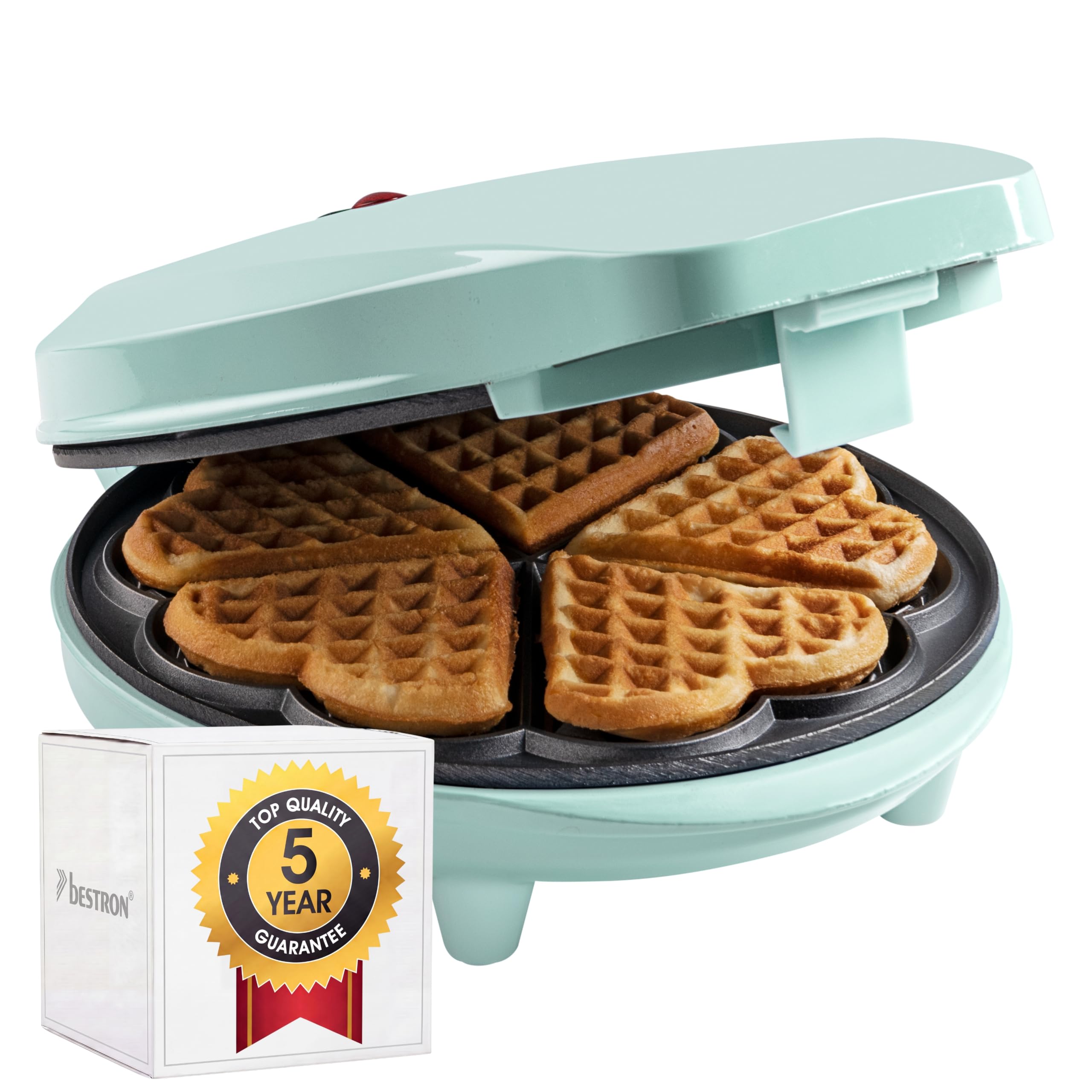 Bestron Waffeleisen für klassische Herzwaffeln, Waffelmaker mit Antihaftbeschichtung für Waffeln in Herzform, Retro Design, 700 Watt, Farbe: Mint
