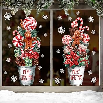 Christmas Window Clings Decorations 2 Sheets Extra Large Red White Peppermint Candy Potted Plant Window Clings, Rustic Farmhouse Candy Cane Gingerbread Decals for Home Office Holiday Decor