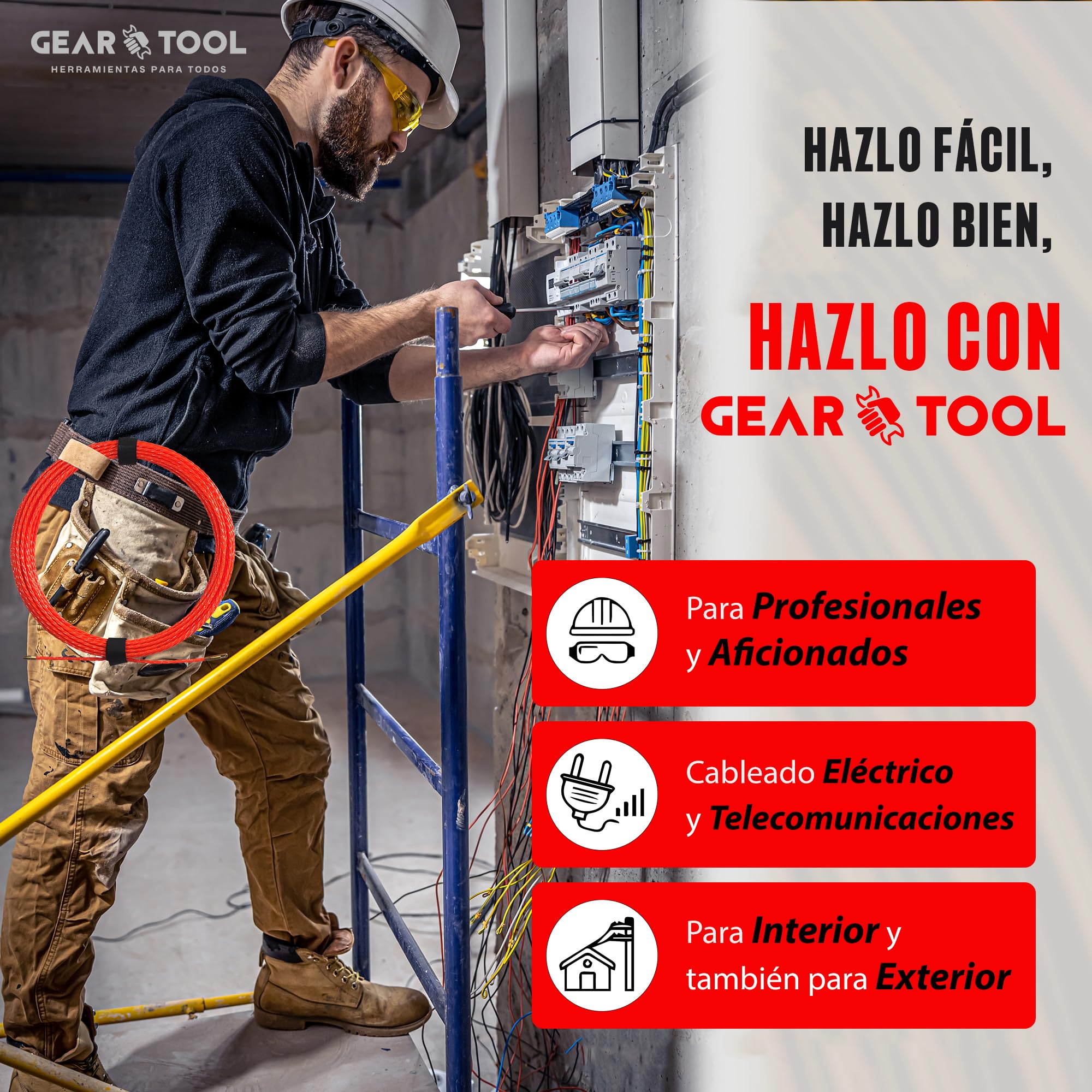 Guía Pasacables Profesional de 30m y 4.5 mm | Monofilamento Trenzado de Poliéster | Tirador Ergonómico y 3 Terminales Intercambiables | Herramienta para Electricistas y Bricolaje
