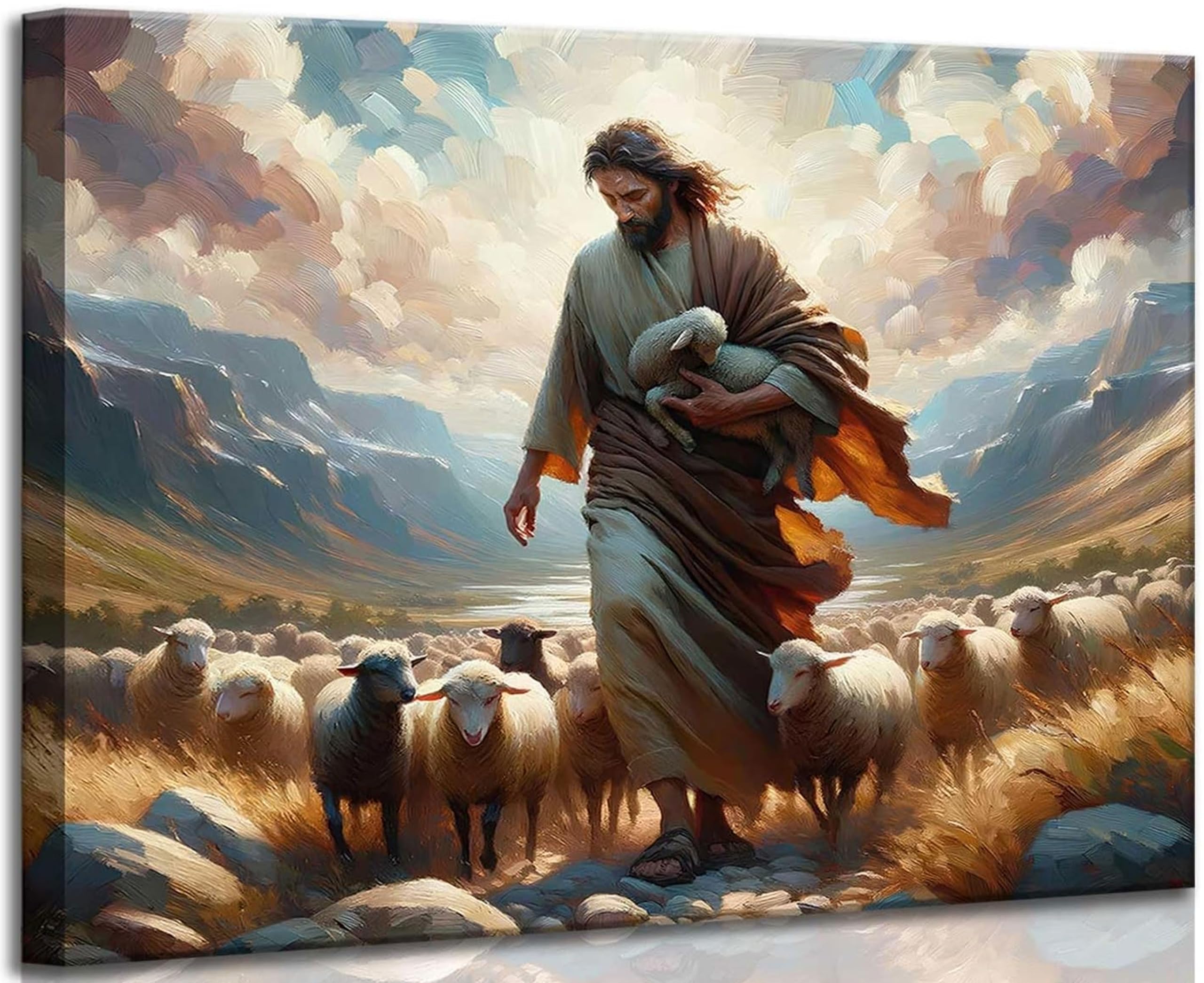 Jesus And The Lamb Canvas Wall Art Christian Shepherd Jesus Leads Lost Lamb Bible Stories Oil Paint Picture Wall Decor Poster Print Artwork for Church