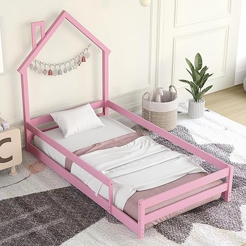 Miniatura 1 de Bellemave Cama de suelo con cabecera en forma de casa de tamaño individual con vallas, cama Montessori de madera para niños, cama de casa con marco