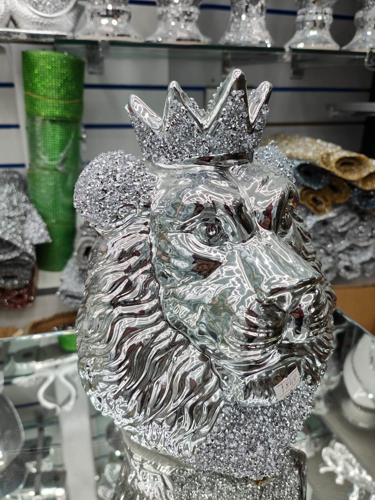 Biznest Silver Chrome Crushed Diamond Lion King Face Crystal Ornament Statue Shelf Décor