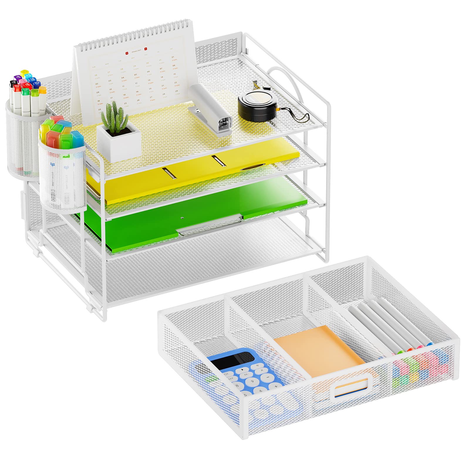 Marbrasse Organizer da scrivania a 4 vassoi con 2 portapenne, porta documenti da appendere da scrivania con cassetto, organizer per lettere di carta, forniture per ufficio in rete, organizer per carta
