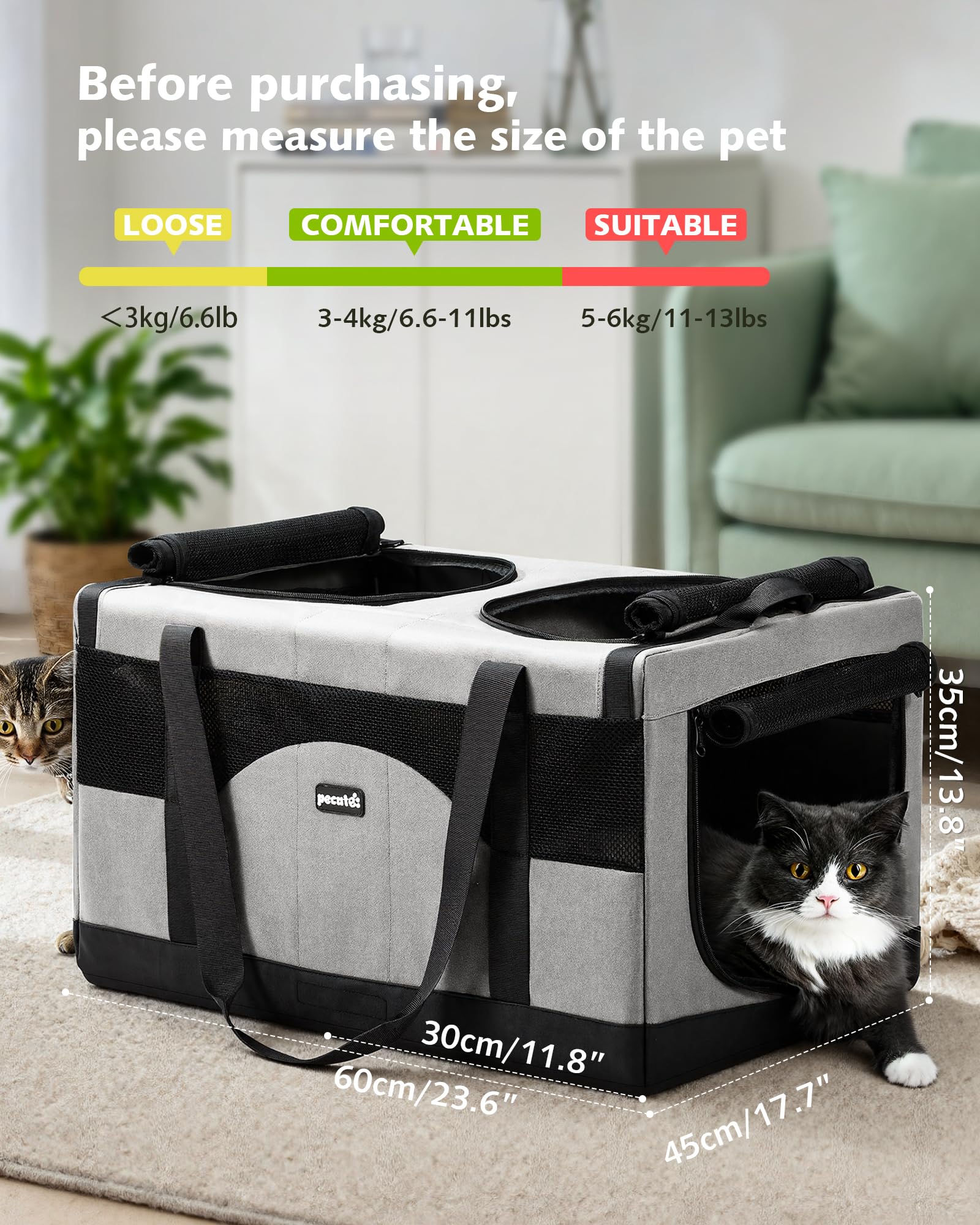 Pecute Transportín para Gatos con Doble Compartimento, ultraestable, Transpirable y Plegable, Ideal para Viajes, mudanzas y visitas al Veterinario, Gris