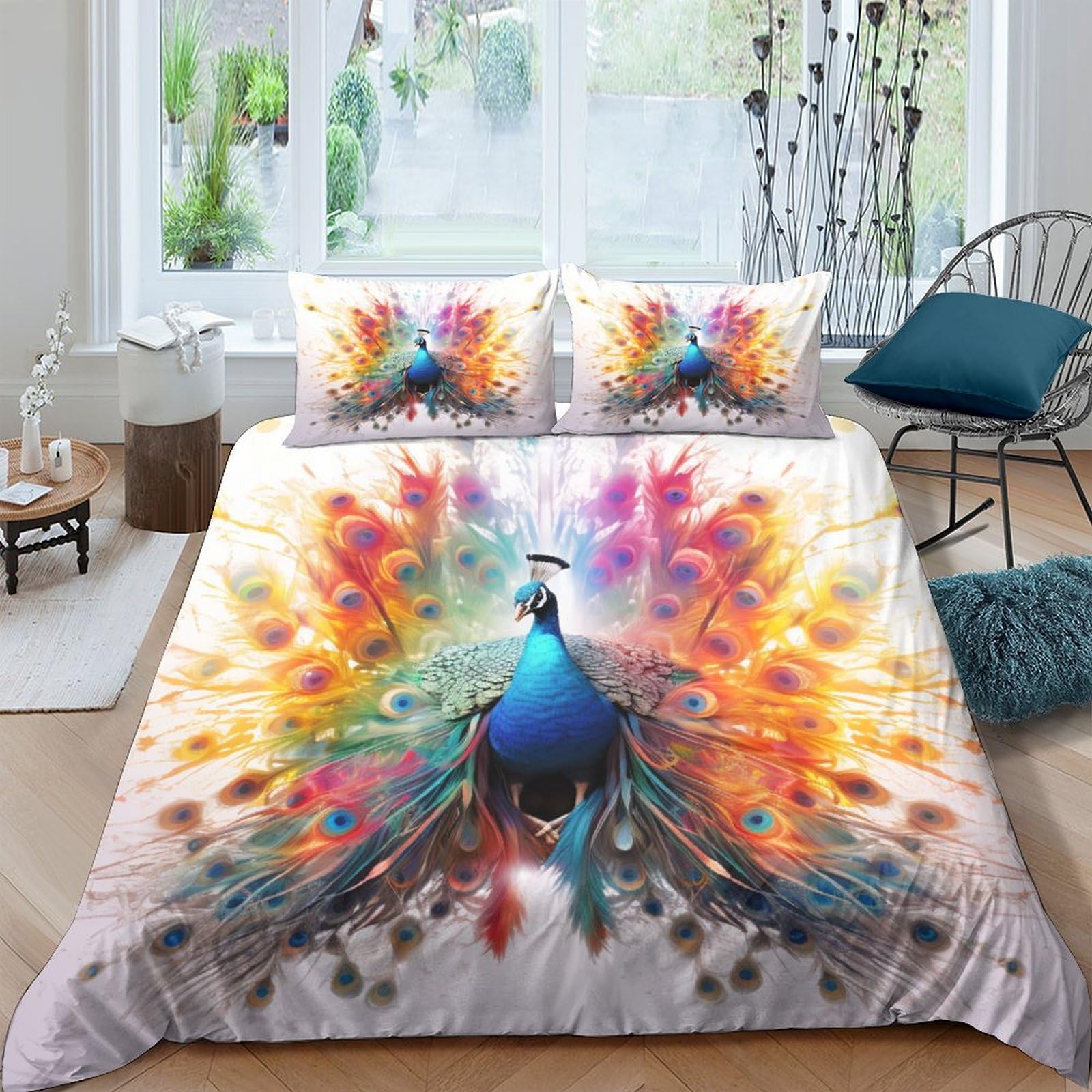 Housse de couette paon 3D de qualité supérieure en tissu microfibre soyeux 3 pièces