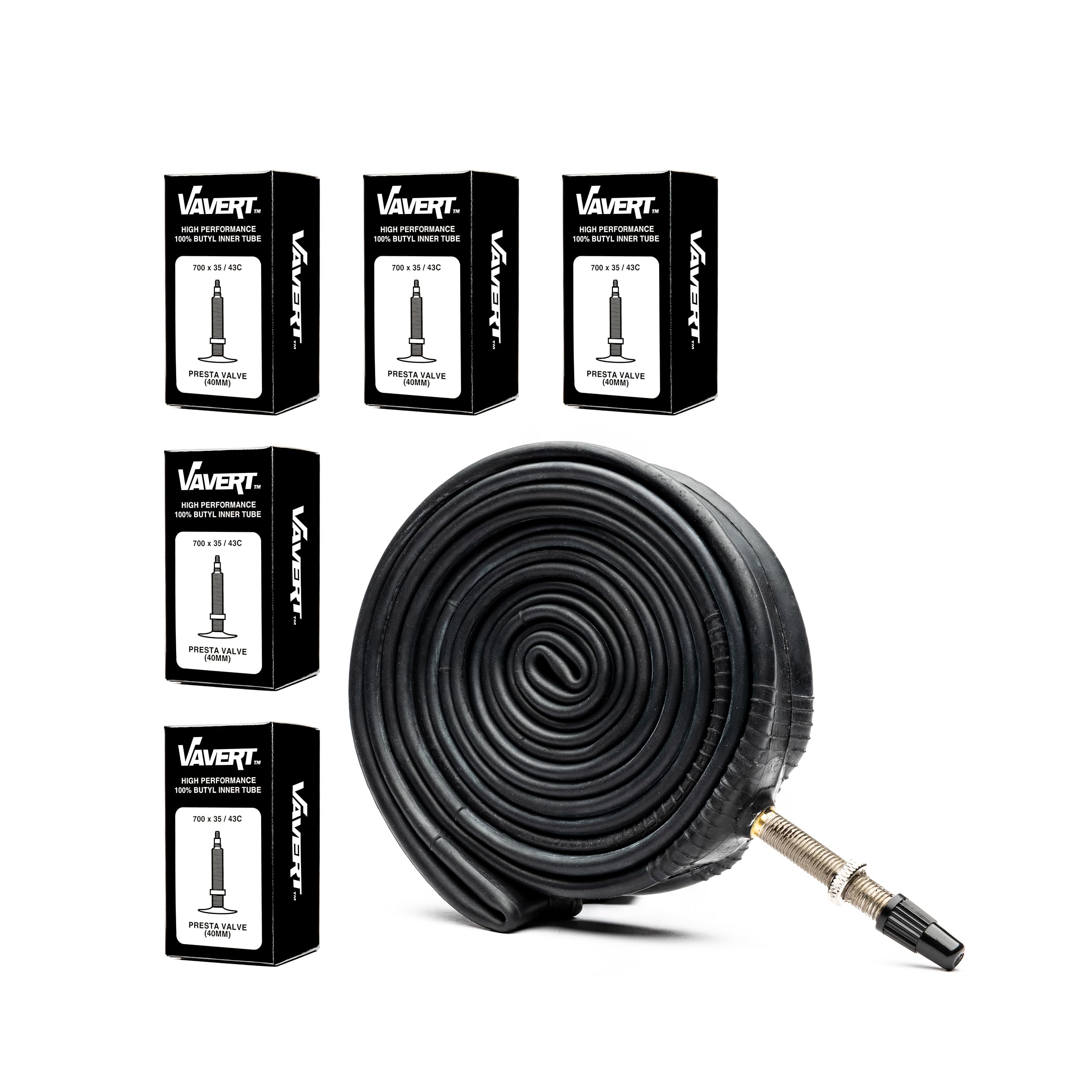 VAVERT Inner Tube 700x35/43C Presta Valve (40mm) - 5 Pack, Black