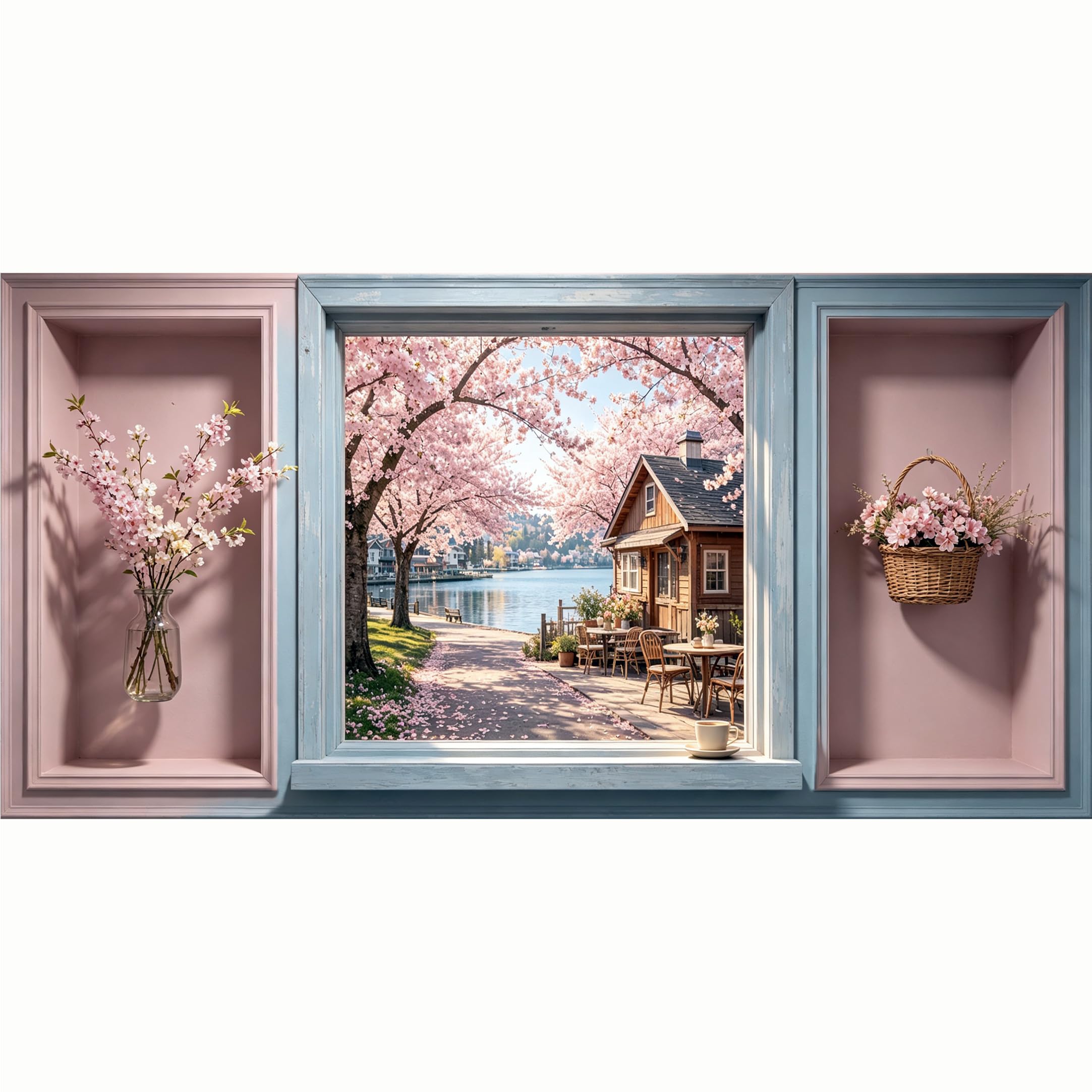 QZLITHOTIC 50x100cm 3D Framed Wall Art， Cherry Blossom Lake Landscape Cabin View Self‑Adhesive Mural， Water‑Activated Peel & Stick Fabric Decor Wall Decal for Bedroom Living Room