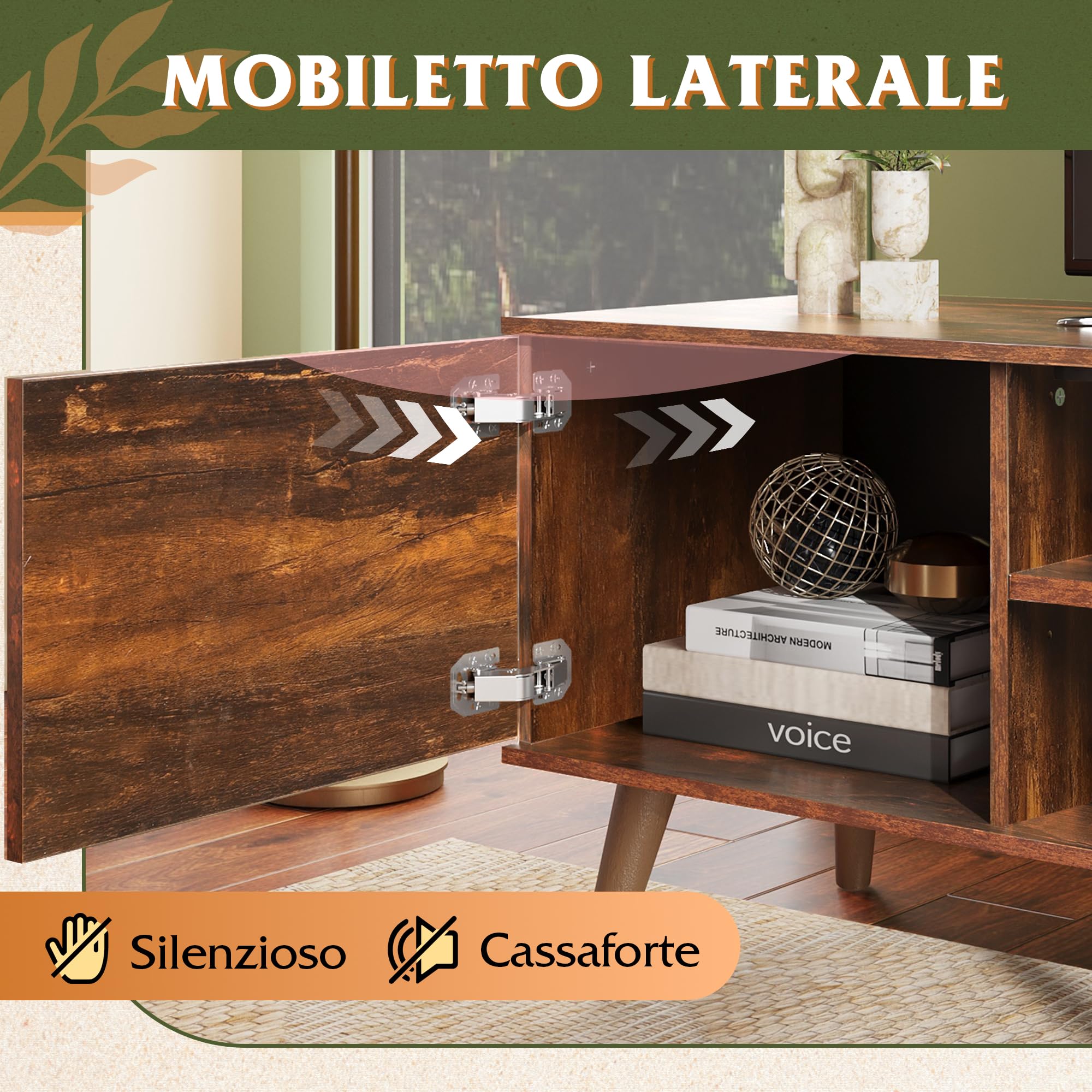 WLIVE Mobilio TV 160 cm con Ripiano Modulabile, Supporto TV fino a 79", Gestione Cavi, Ripiani Regolabili, Struttura Rinforzata (Carico 68 kg), Marrone Scuro