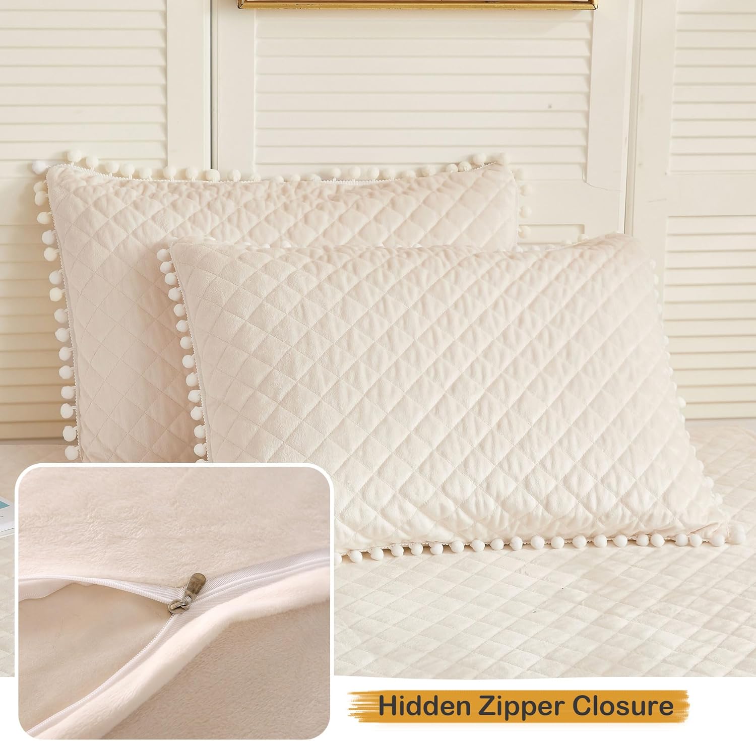 LIFEREVO Set of 2 Diamond Quilted Velvet Bed Pillowcases 20"x36", Pom Poms Fringe Decorative Throw Pillow Shams, Soft Bed Pillow Cases Zipper Closure for Teen's Girls Bedroom (Beige, King)